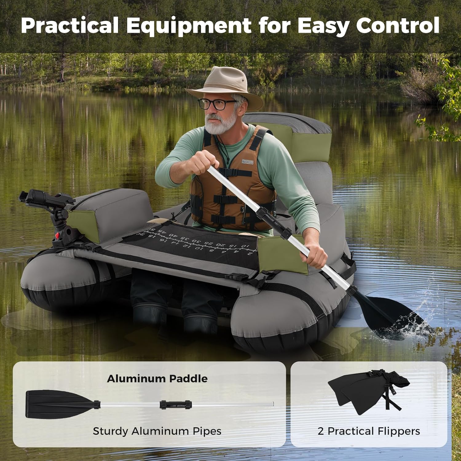 Goplus Inflatable Float Tube, Fishing Belly Boat with Fish Ruler, Pump, Storage Bag, Adjustable Straps, Fishing Float Tube for Angling, 350LBS Load Capacity