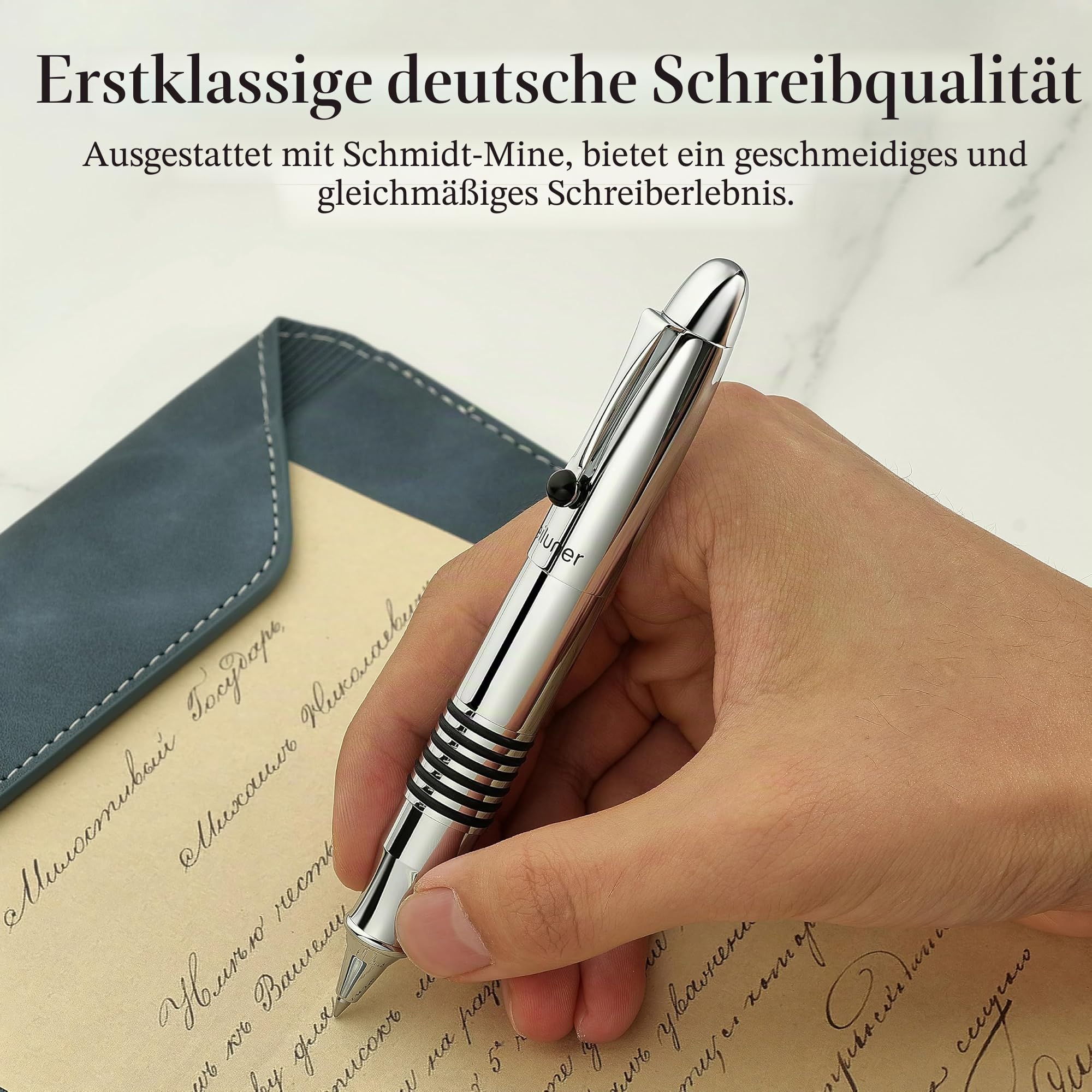 BEILUNER 320 Luxus Rollerball Pen, Poliertes Chrom Metallgehäuse mit Schmidt Tintenpatrone, Schweres EDC Executive Geschenkset für Männer & Frauen, Professioneller Bürostift - Silber Chrom