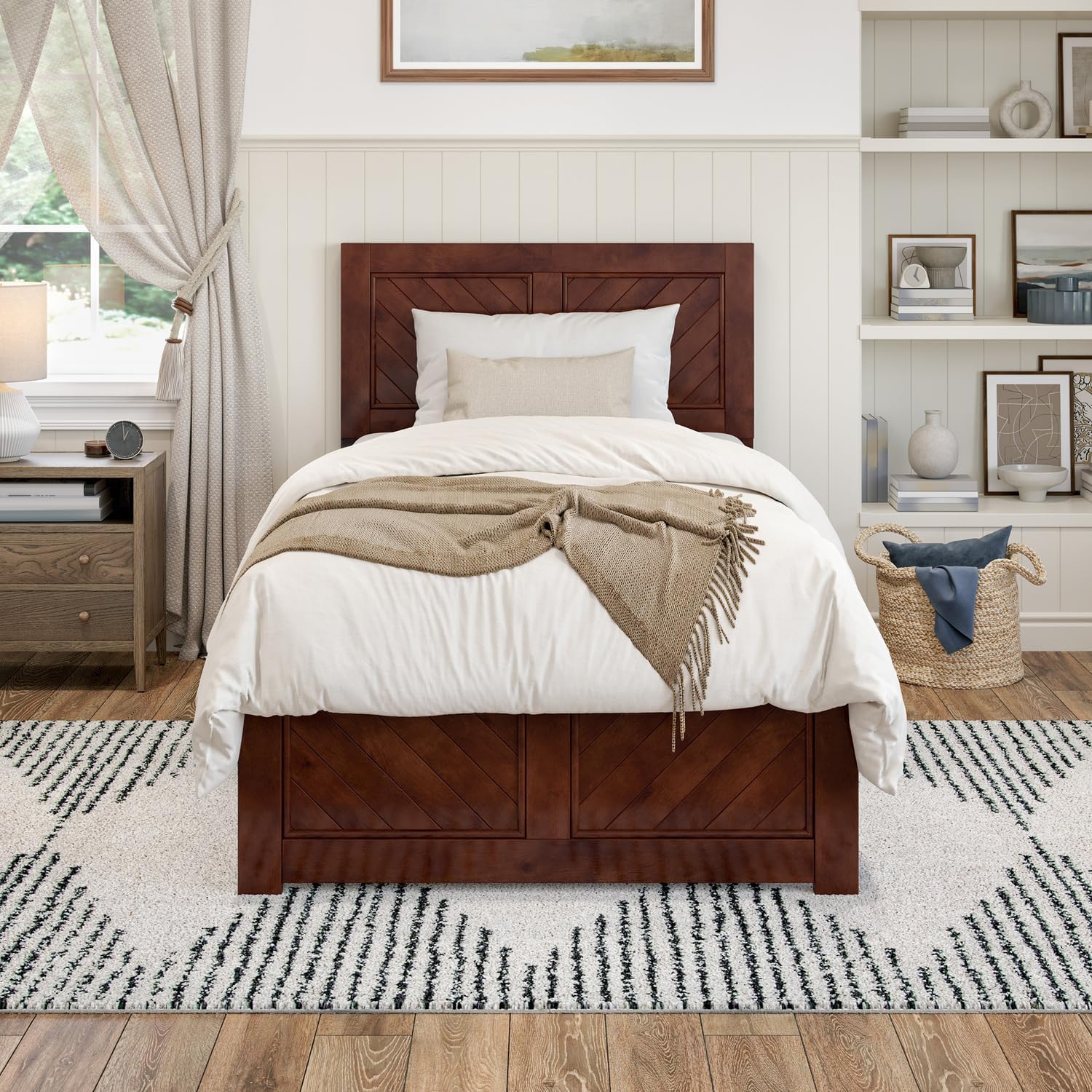 HomeStock Twin XL Foundation Bed Frame with Matching Footboard in Walnut