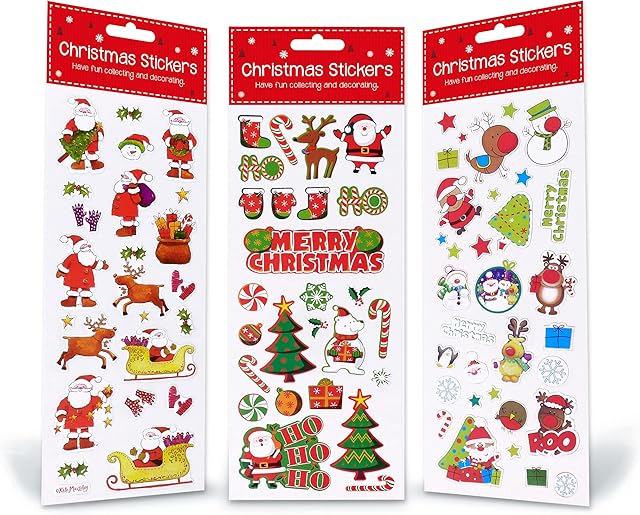 Christmas Stickers Decorating 3 Pack Sheet - Self Adhesive Merry Xmas Crafting, Scrapbook, Gift, Present, Party Bag Filler, Card Making Supplies for Kids - Santa Claus, Reindeer, Candy