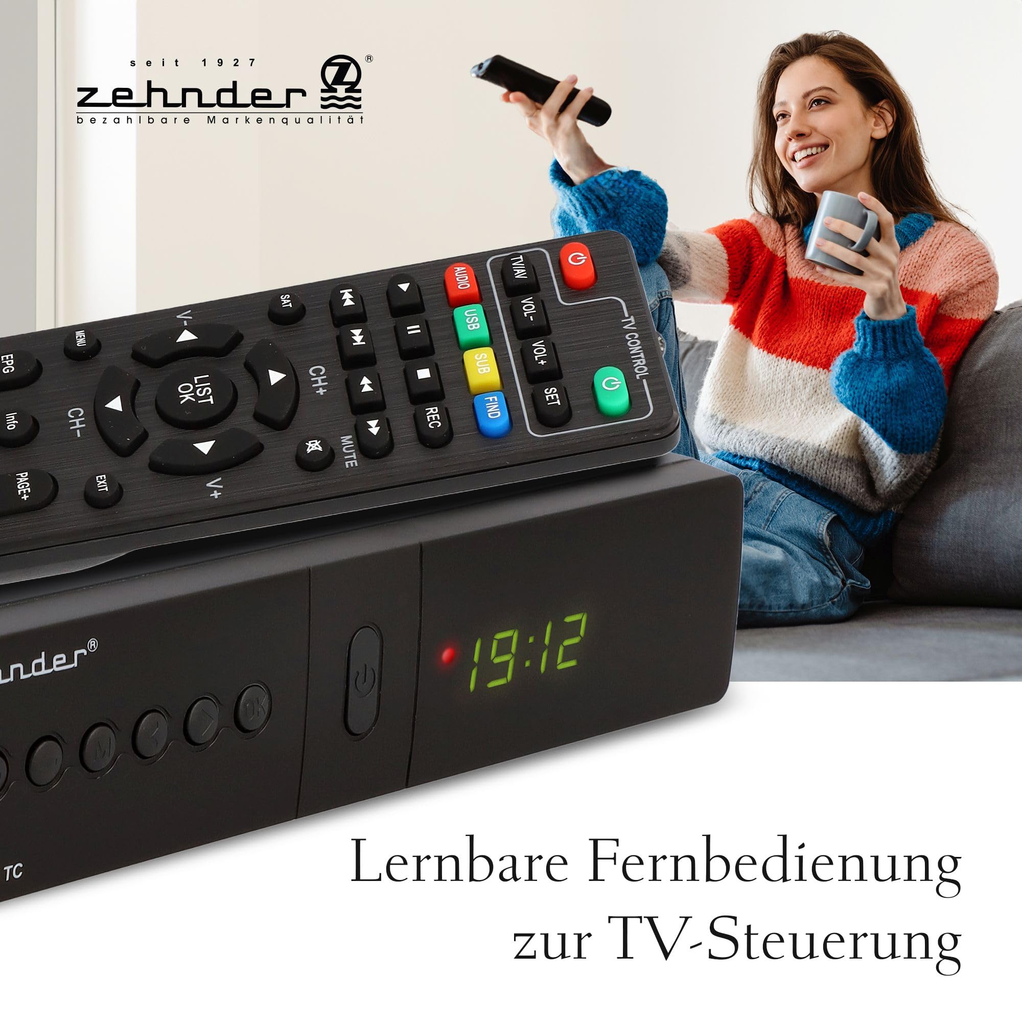 ZEHNDER HX 2400 TC Hybrid Receiver - DVB-C und DVB-T2 geeignet, Receiver für TV, Aufnahme und Timeshift Funktion über USB, 4-Stelliges LED Display, Lernbare Fernbedienung, 12V Netzteil, Full HD 1080p