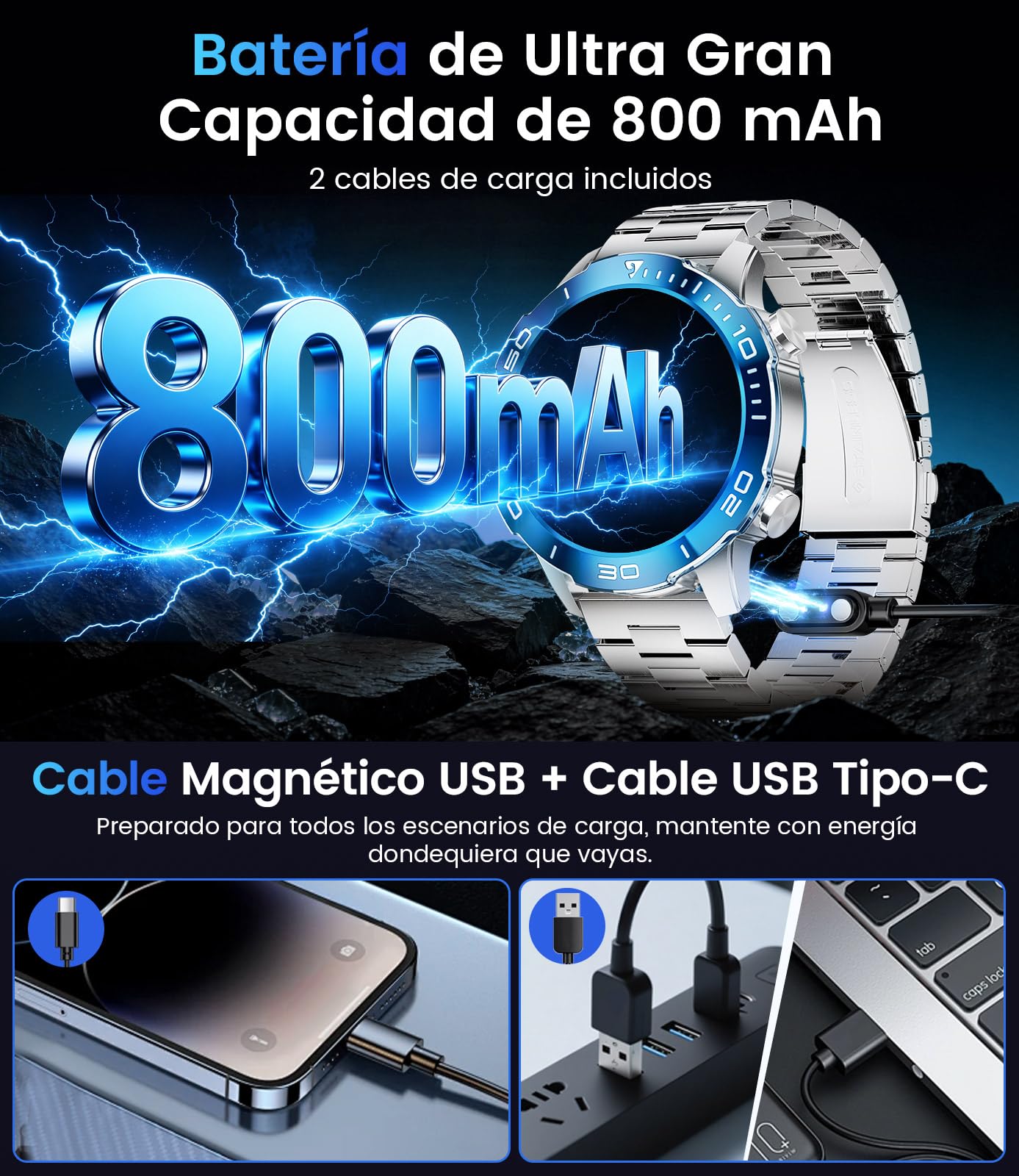 LIGE Reloj Inteligente Hombre, 1.43" HD 800mAh para Android/iOS, Plateado
