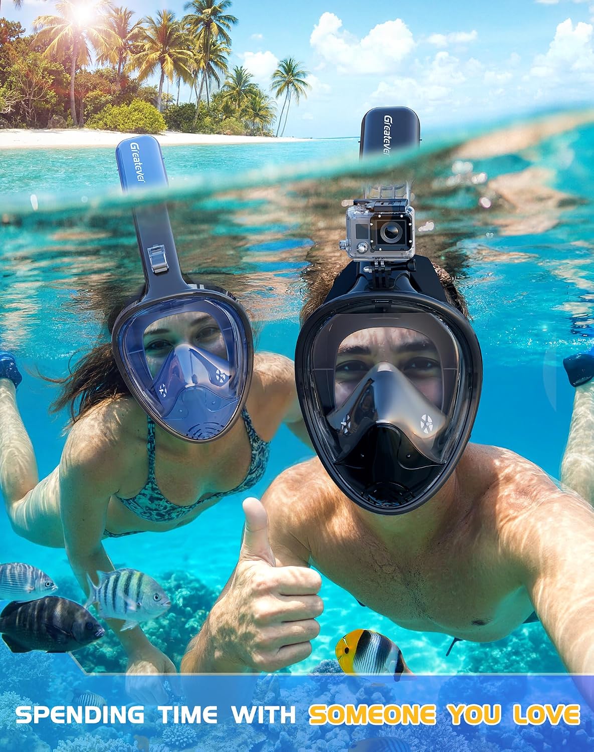 greatever full face snorkel mask, snorkeling gear for adults with latest dry top breathing system and detachable camera mount, foldable snorkel set for family snorkeling trips, anti-fog & anti-leak 2 pack - cerulean blue+black large-x-large
