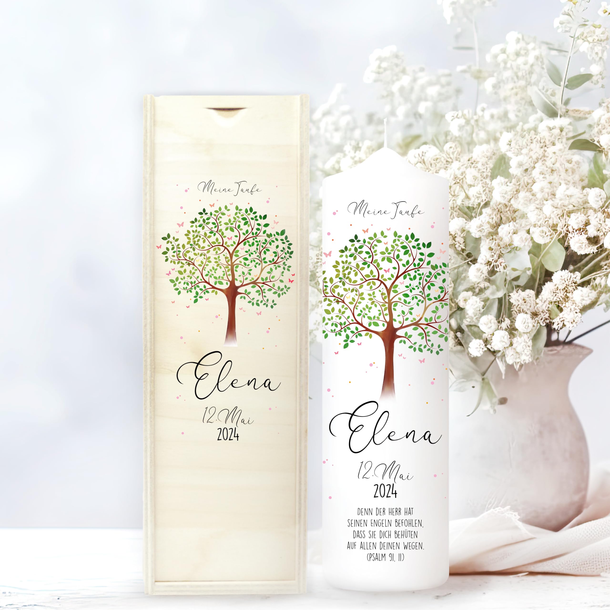 Wandtattoo Loft Taufkerze Junge oder Mädchen mit Taufspruch, Motiv Lebensbaum, 25x7cm und Aufbewahrungsbox, personalisierte Erinnerungsbox, Holzkiste mit Schiebedeckel, bedruckte Kerzenbox zur Taufe