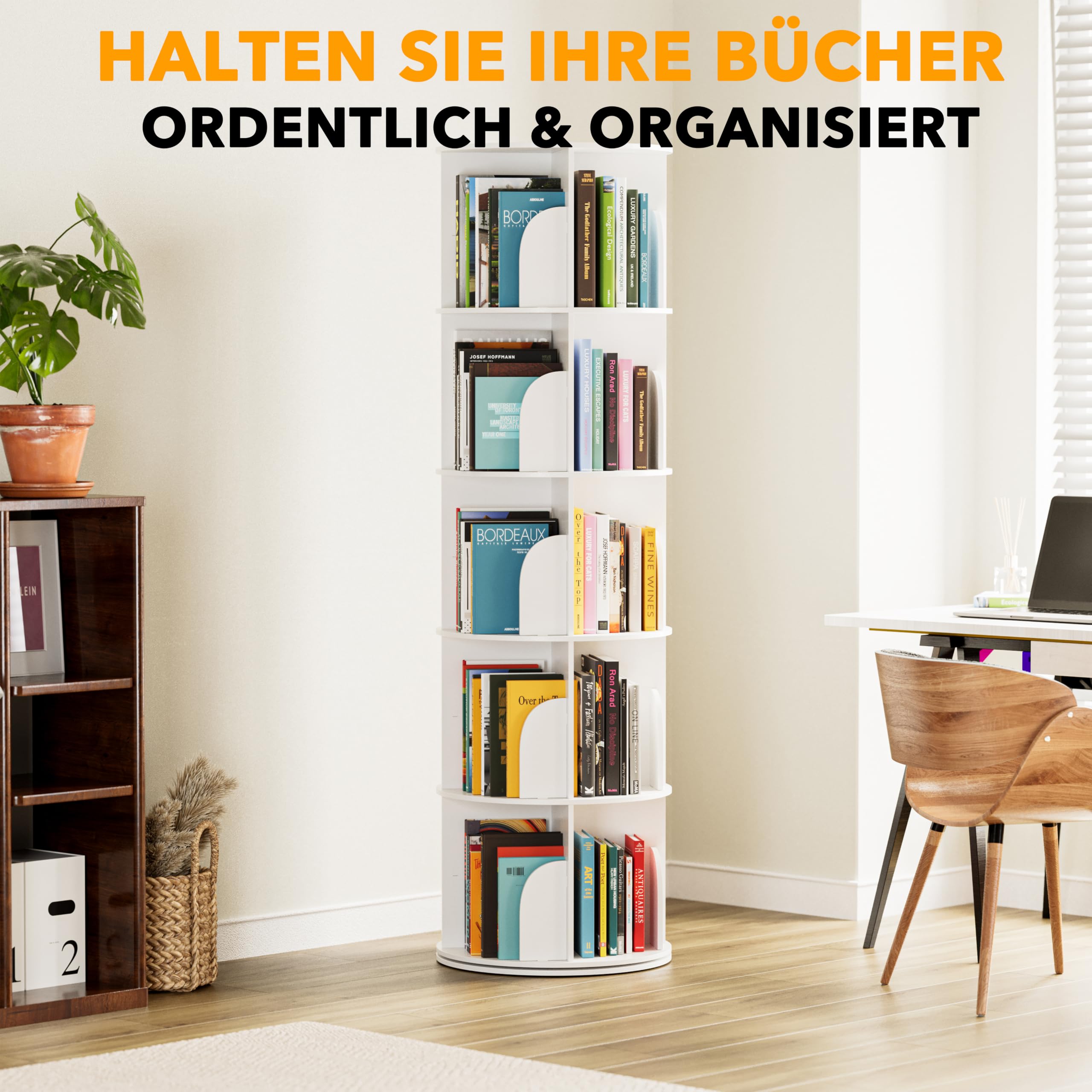 SpaceAid 5-Etagen-Drehbares Bücherregal, Lazy Susan, 360°-Drehung, Aufbewahrung, Rundes Karussell, Eck-Organizer, Weiß