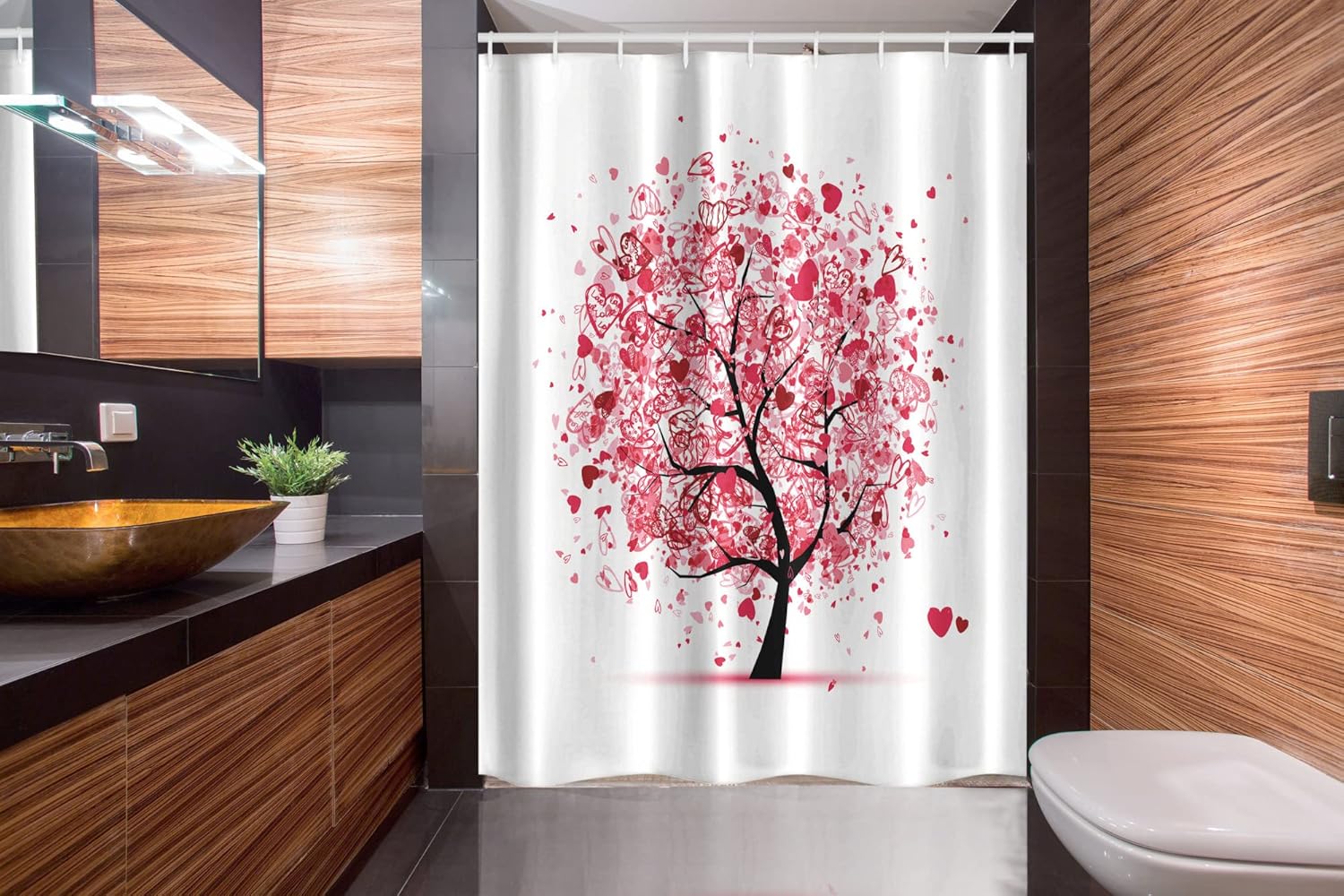 Tree of Life shower-curtain-sets by Ambesonne, Ornate Valentine Tree with Swirled Hearts and Doodles In Love Future Couple, Fabric Bathroom Decor Set with Hooks, 54 W x 78 L Inches, Pink White