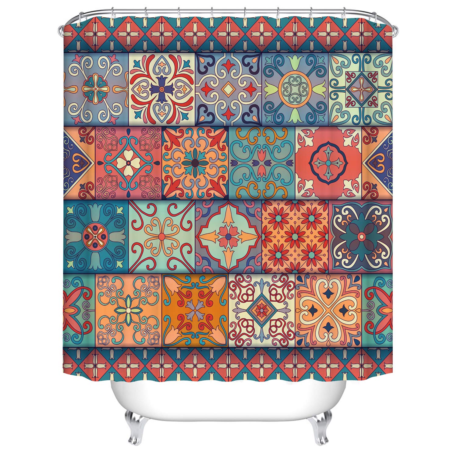A-E0539 Bohemian Floral Shower Curtain, Colorful Boho Square Floral Patchwork Pattern Home Decorative Waterproof Polyester Fabric With Hooks, 180 X 180 Cm