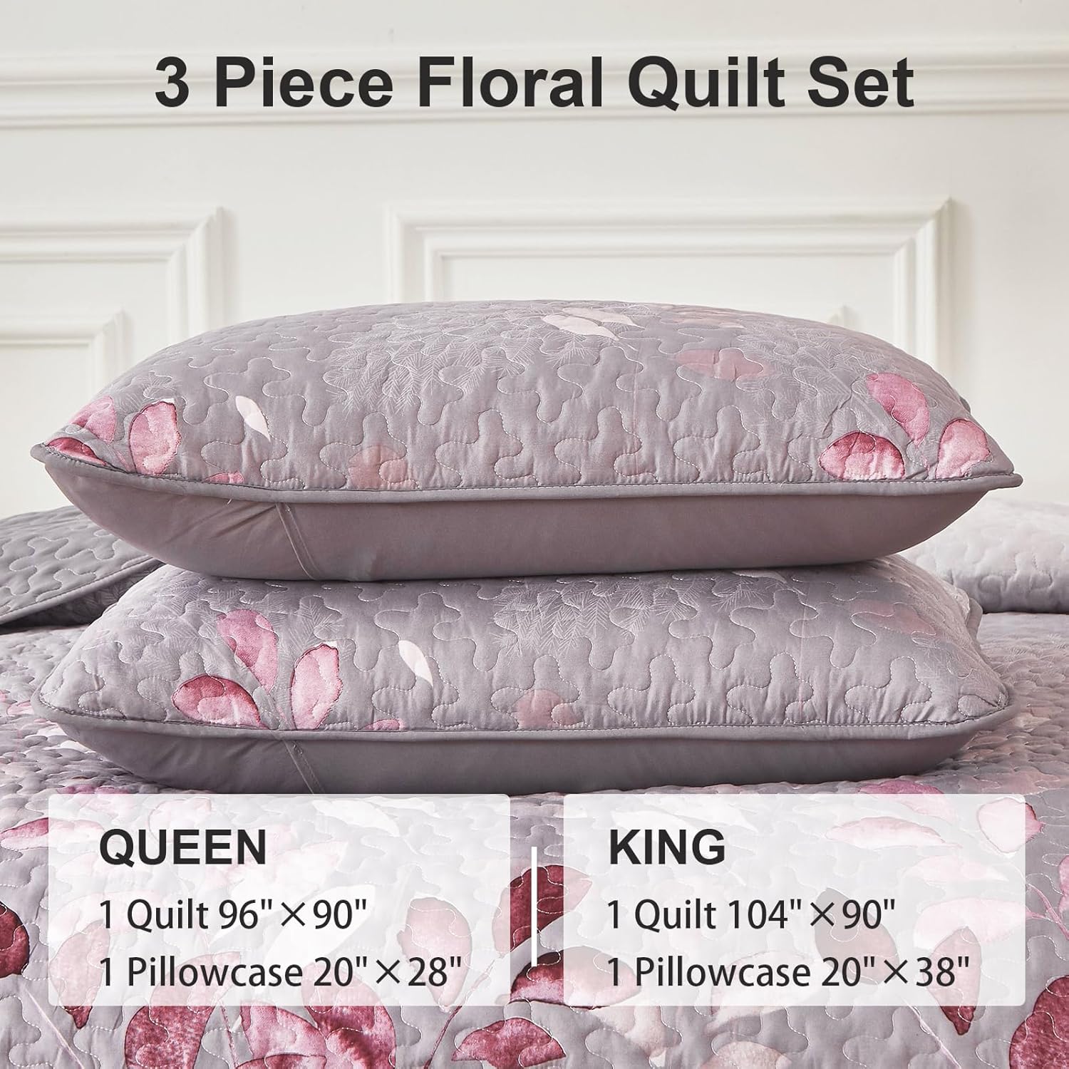 WONGS BEDDING Quilt Set King Size, 3 Pieces Pink Botancal Leaves Bedspread Coverlet Set with 2 Pillowcases for All Season, Soft Microfiber Floral Bedding Set 104"×90" - Image 6