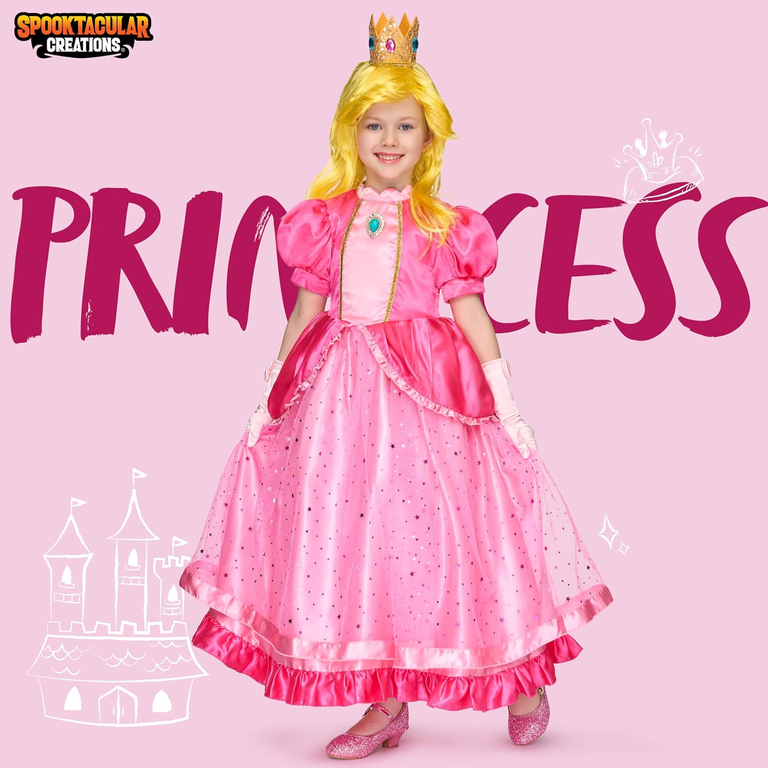 Spooktacular Creations Halloween Pink Princess Dress, Kids Princess Dress Up, Peach Crown Costume for Girls Birthday - Image 2