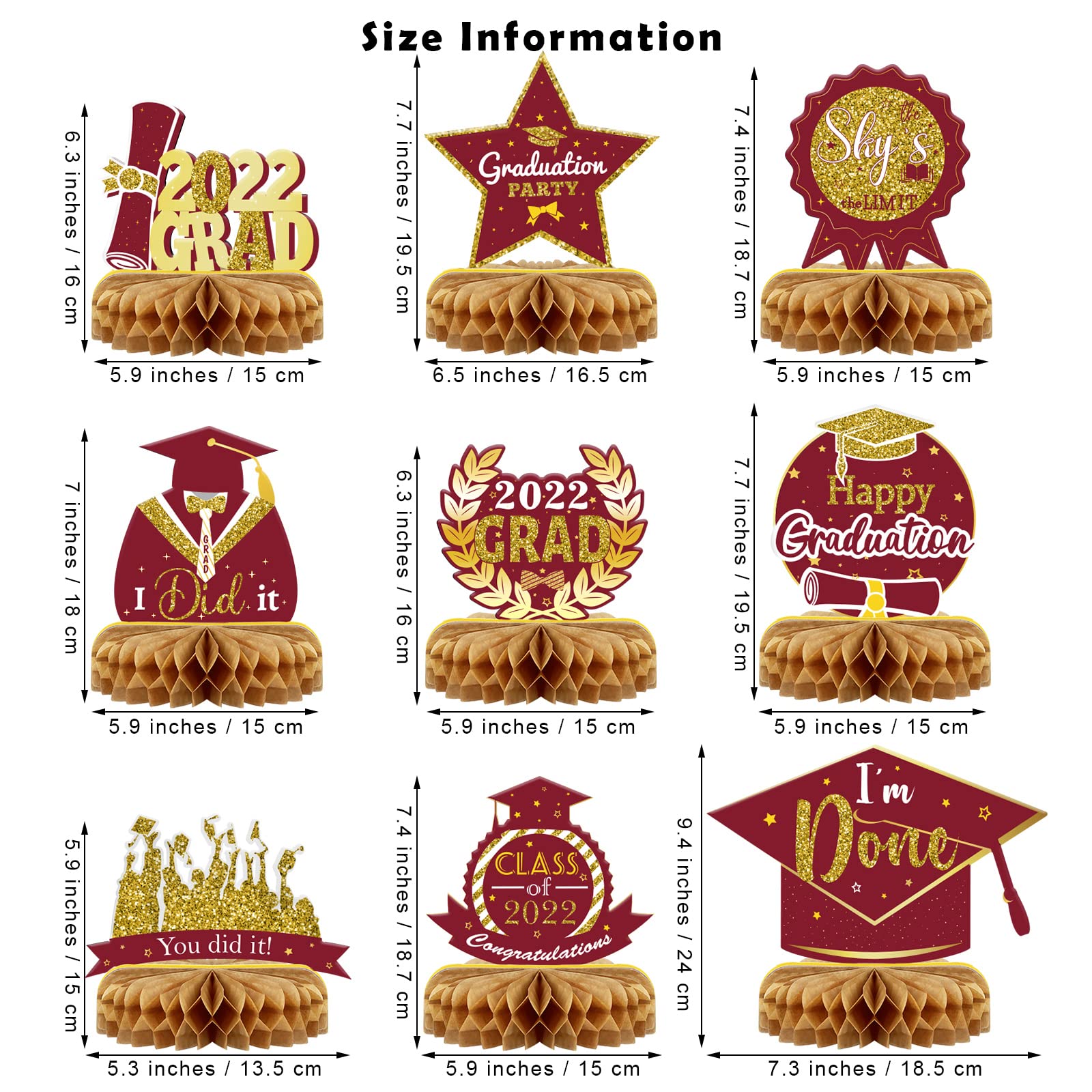 Fovths 9 Pieces Class of 2022 Graduation Party Honeycomb Centerpieces Congrats Grad Table Topper in 9 Designs Paper Honeycomb Decorations for Graduation Decorations Party Supplies, Maroon