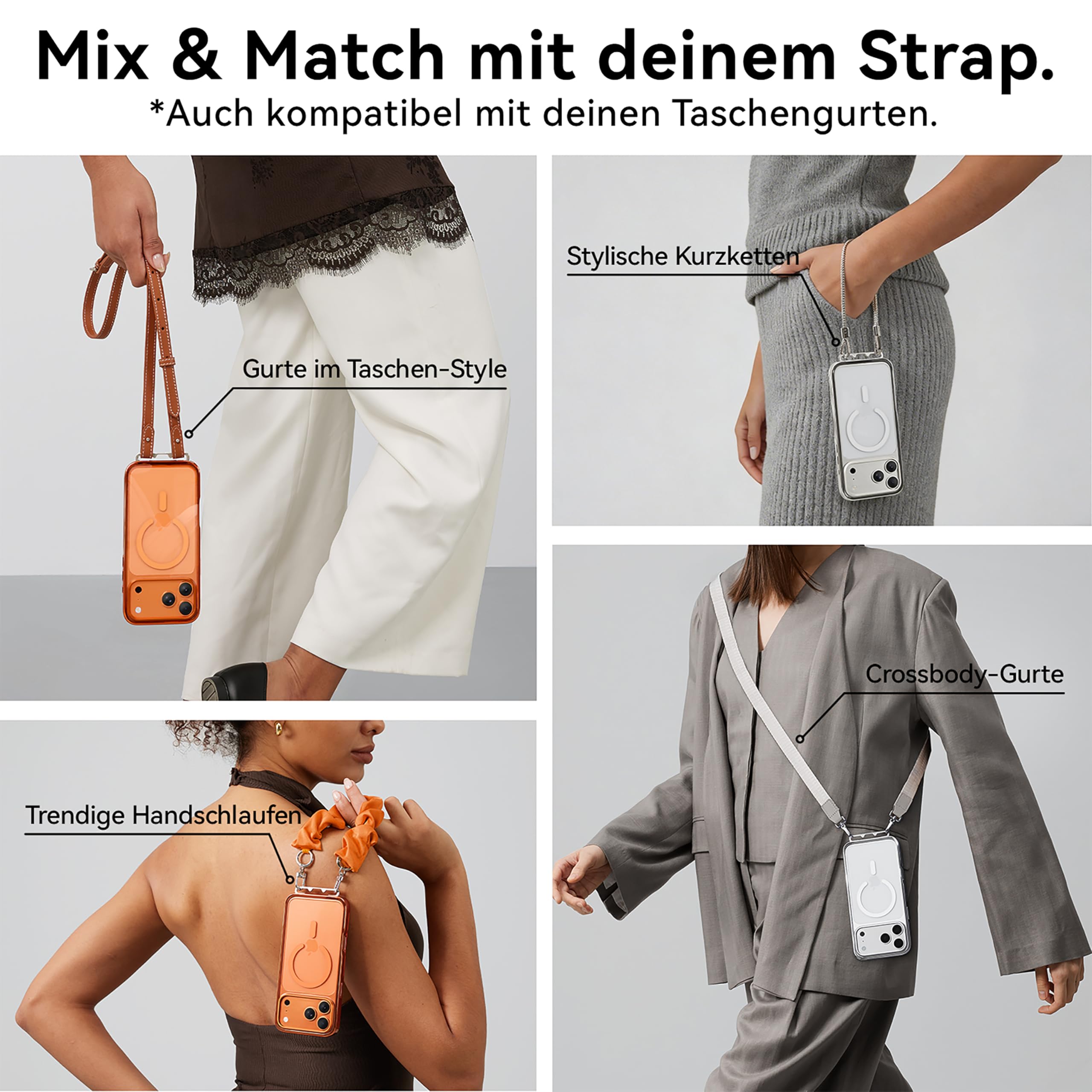 CASEKOO Linkoo iPhone 17 Pro Hülle mit Handykette Bundle, MagSafe Handyhülle mit ClipSafe Klapp-Clip + Luxury Handyband zum Umhängen, 3-in-1 Anti-Verlust Lanyard, Silber