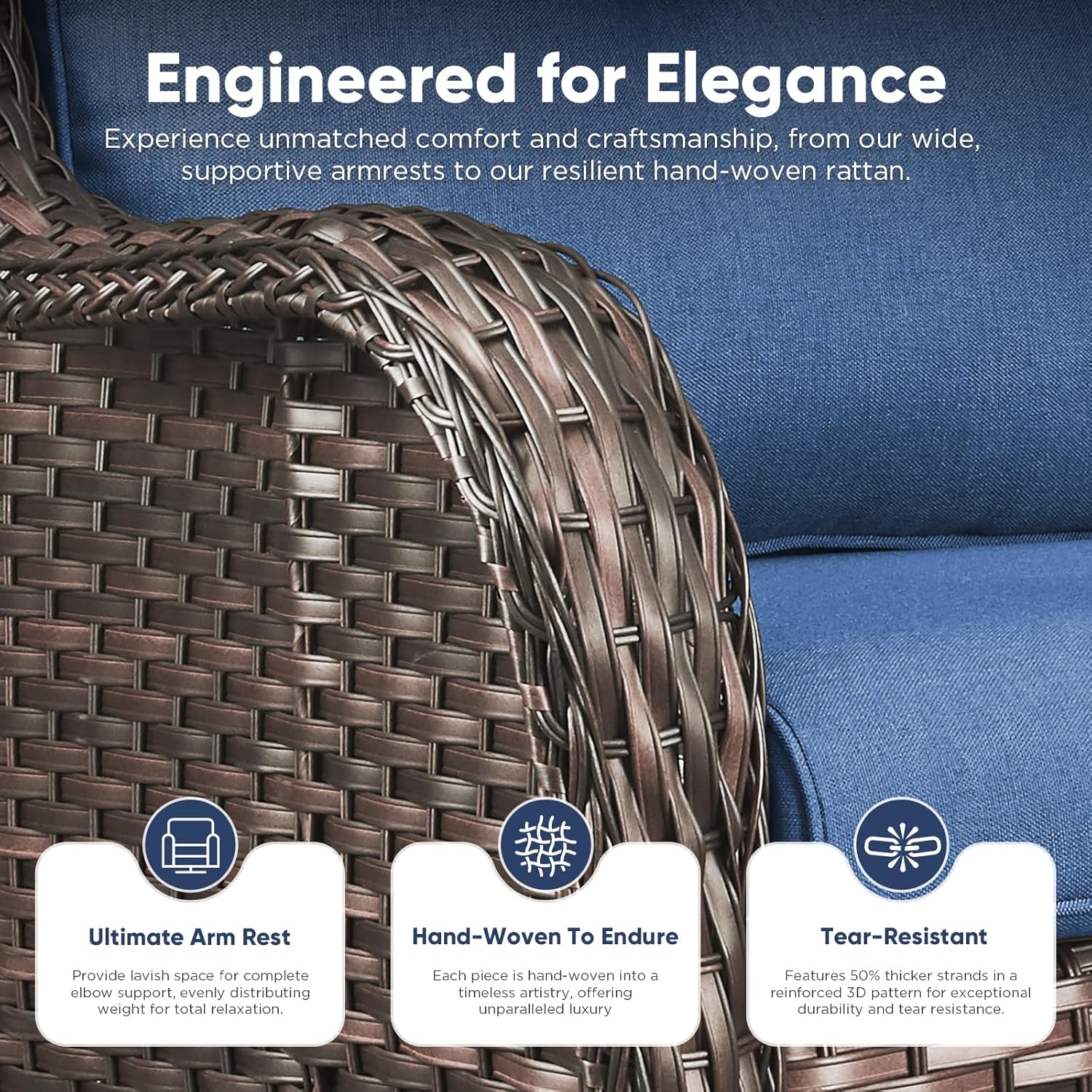 Belord Patio Wicker Chairs Swivel Rocker,Outdoor Patio Furniture Set with Rattan Side Table, All Weather Conversation Set for Porch Poolside Balcony, Brown Wicker/Blue