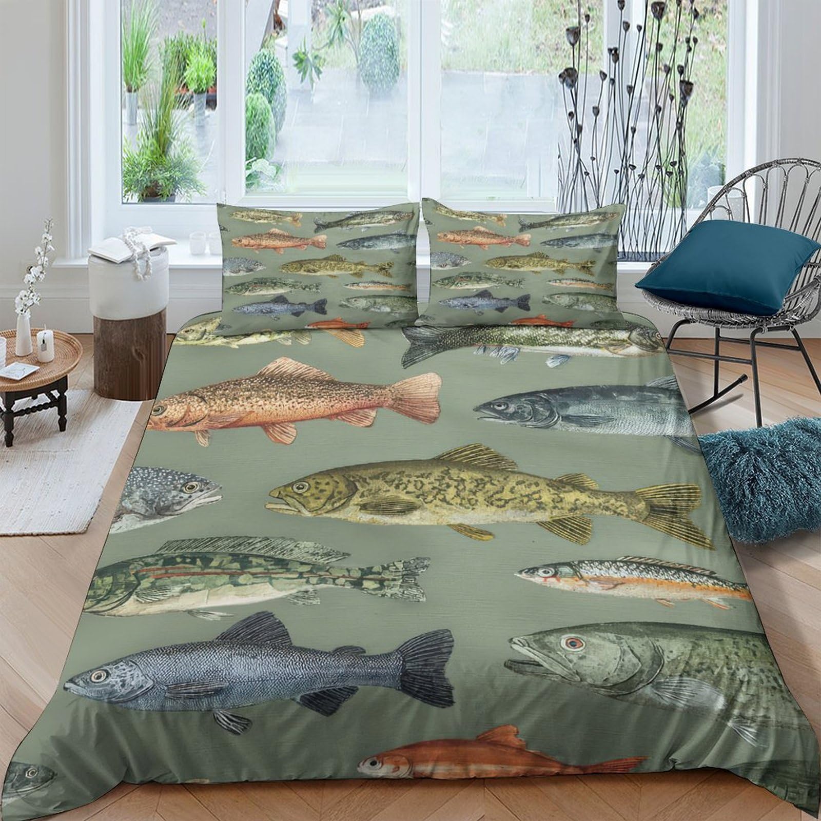 GPLZQXKJNH 3D Printed Fish Pattern Duvet Cover Microfiber Soft Breathable River Lake Bedding Set with 2 Pillowcases for Bedroom Decor, Single（135x200cm）