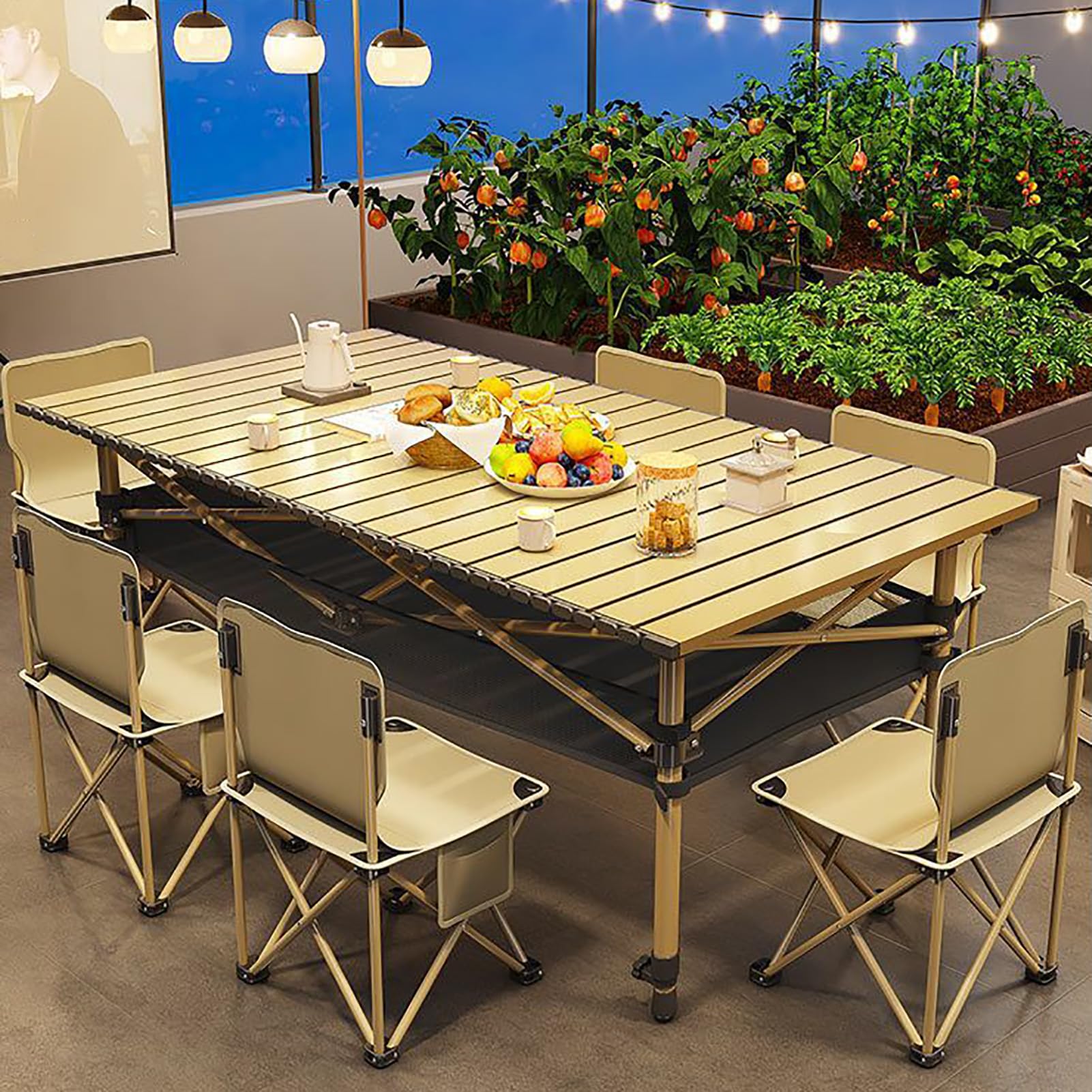 Table et chaises de camping pliables beige avec sac de transport inclus