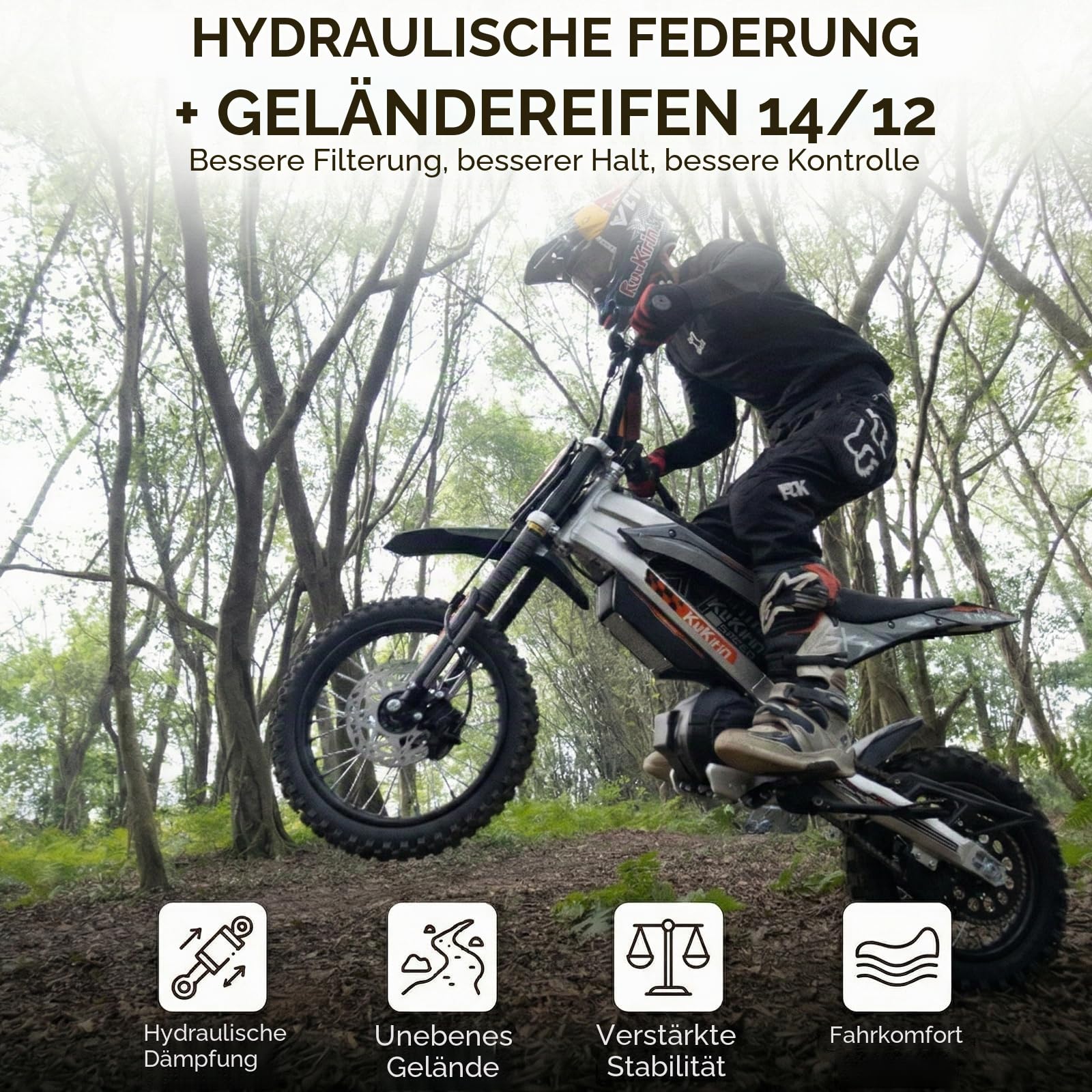 Kukirin X1 Elektrisches Motocross-Motorrad, Off-Road, Abnehmbarer Akku 48 V 20,8 Ah, Mittelmotor 1000 W, Hydraulische Bremsen, Hydraulische Federung, IP65, 14/12 Zoll Räder, für Privatgelände