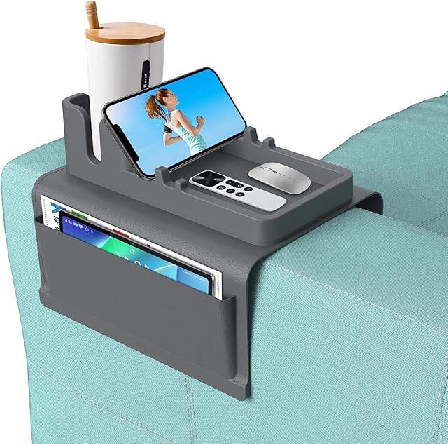 Cup Holder for Couch, Sofa Armrest Tray, Portable Couch Drink Holder arm Table, Anti-Spill and Anti-Slip Couch Arm Table with Cup Holder for Drinks, Remote Control, Gifts for Family, Friend Grey