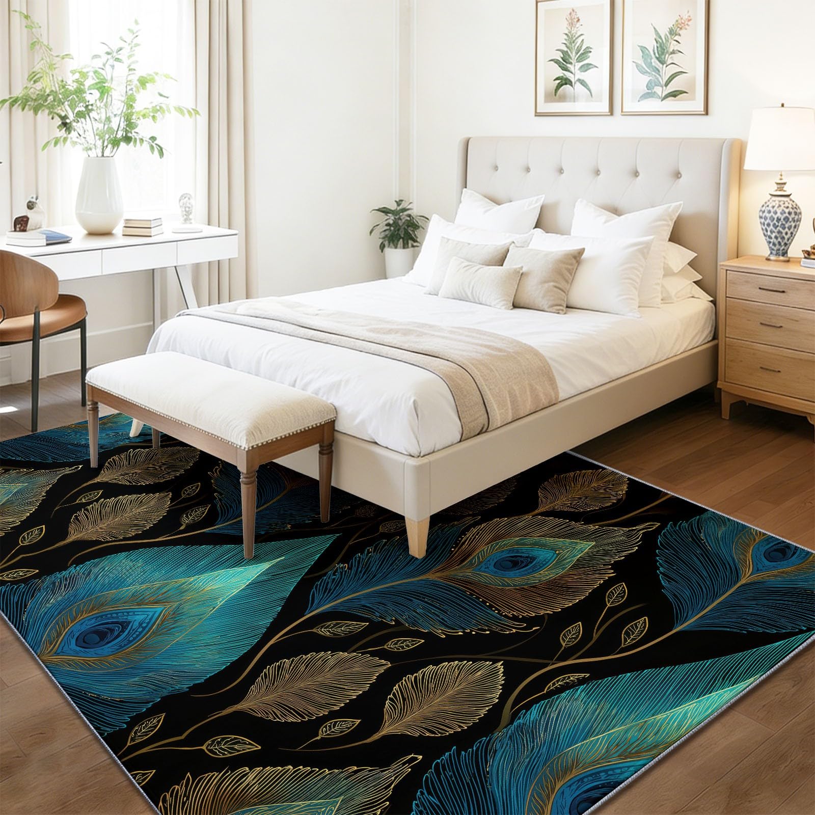 Można prać w pralce dywan do salonu, 120 x 170 cm, dywaniki ze zwierzętami, antypoślizgowy dywan, niebieskie pióra, gałęzie i liście, niskie runo, nie gubi włosia, nadruk, do jadalni, domu, biura