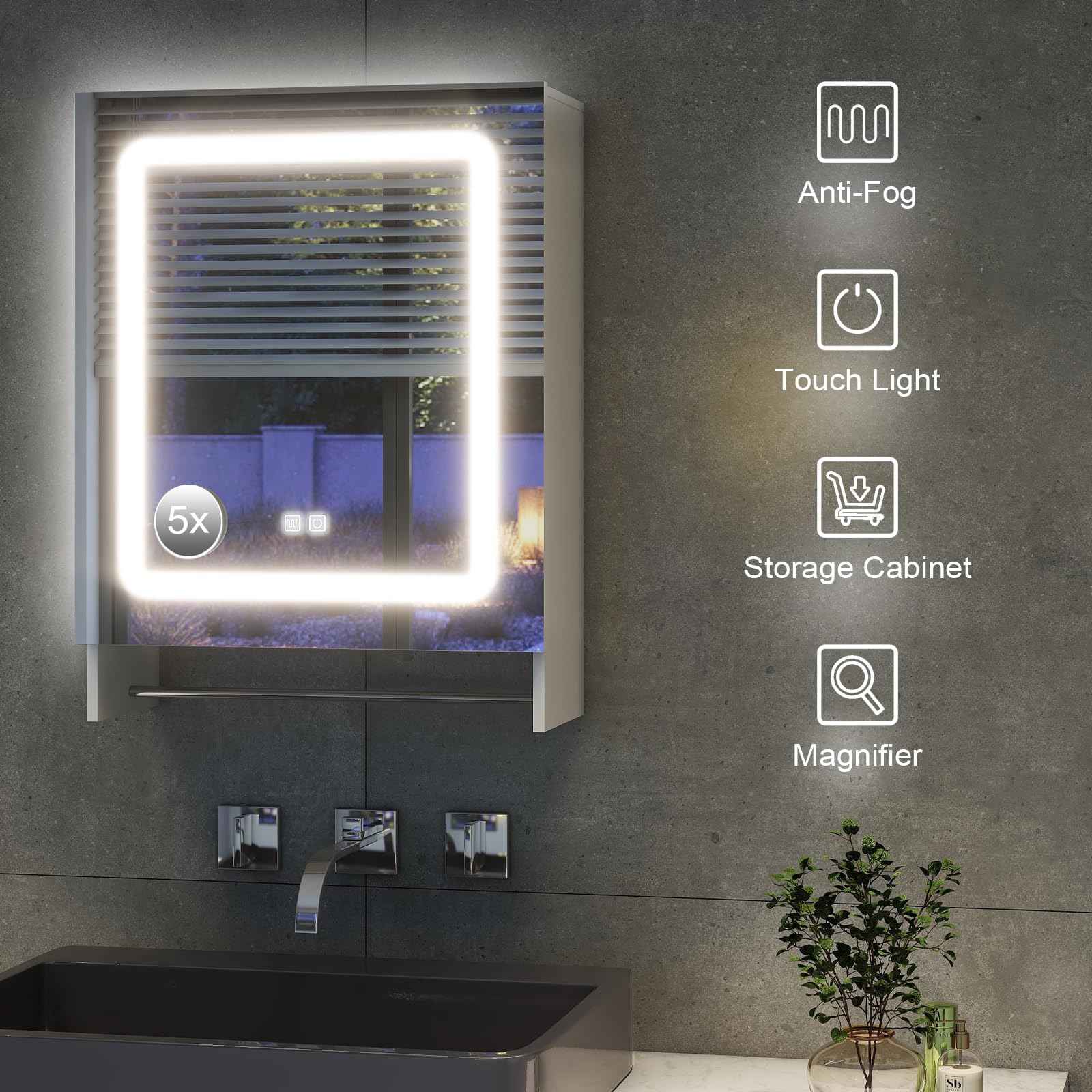 Vabches Specchio da bagno a LED con luci, 50,8 x 66 cm, anti-appannamento, a LED, montaggio a parete, dimmerabile, per parete del bagno, bianco