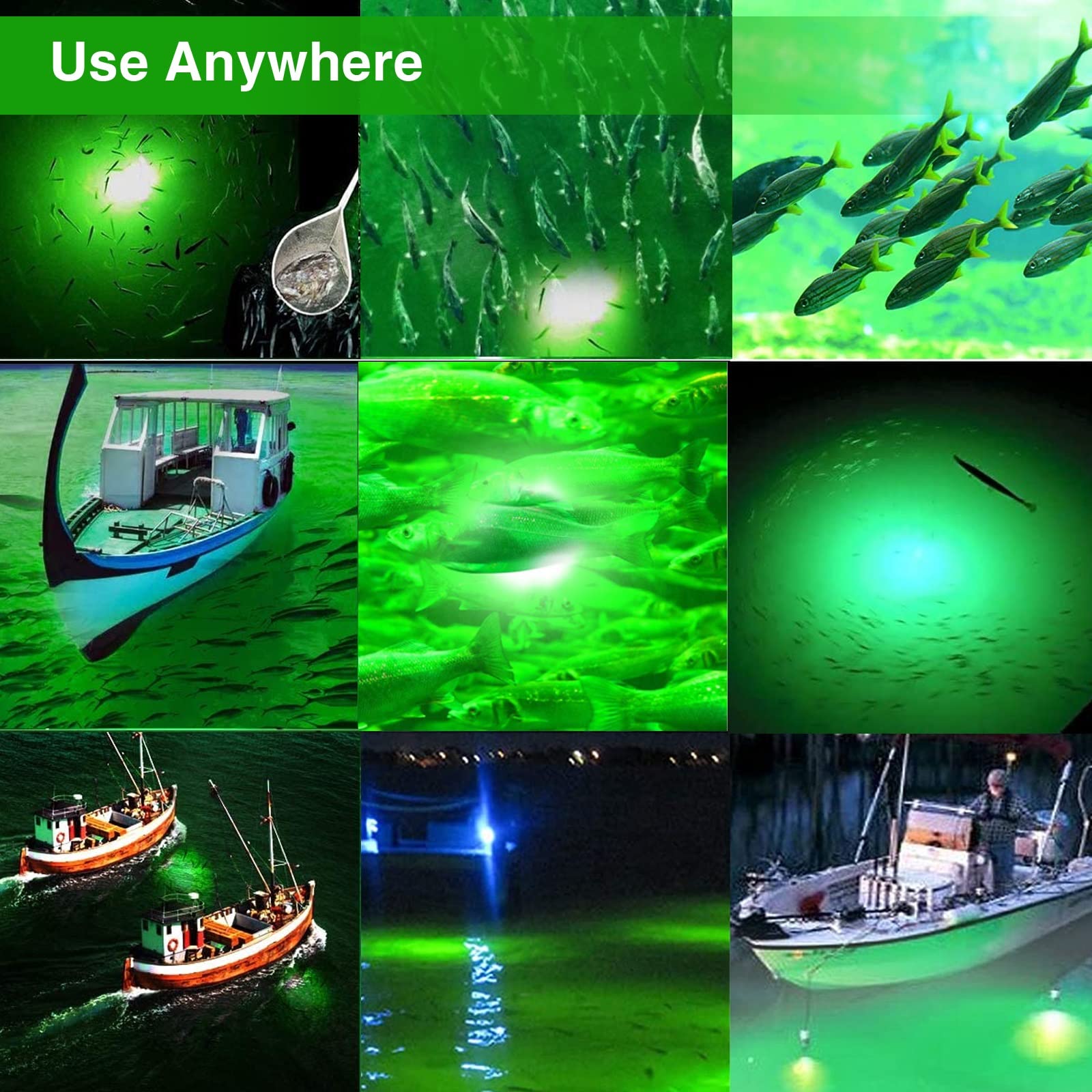 Luz de pesca submarina superbrillante de 80W 9600 lúmenes, impermeable IP68, alliage d'aluminium durable, para pesca nocturna, señuelo y cebo para barco, kayak y muelle (luz verde)