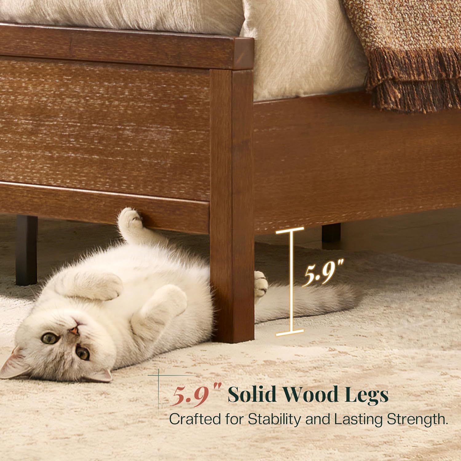 Jocisland Solid Wood King Size Bed Frame, 57" Tall Farmhouse Platform Beds, Upholstered Line Wingback Headboard, Deep Button Tufted, No Box Spring Needed, Easy Assembly, Dark Walnut