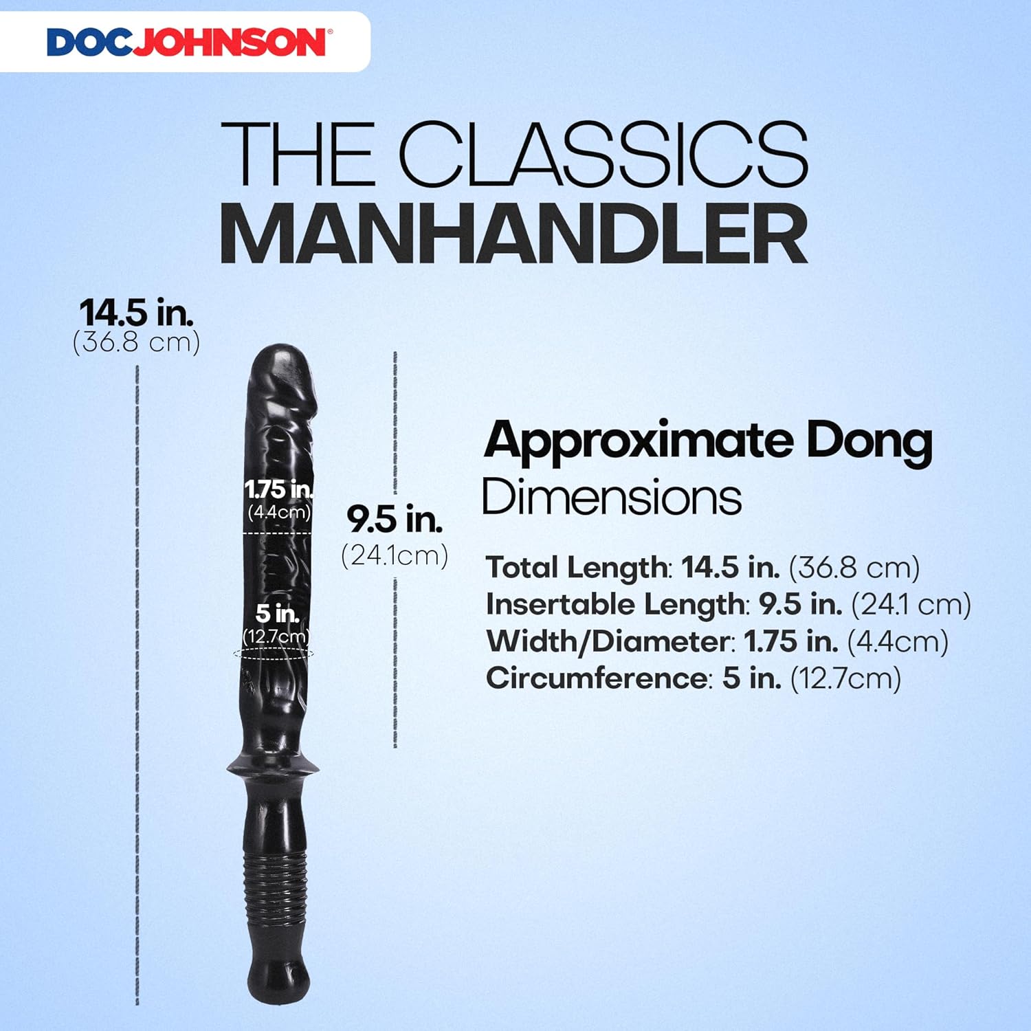 Doc Johnson Classic - The Manhandler Dildo- 14.5 Inch - 9.5 Inch Usable Length - Dildo with Handle - for Adults Only, Black