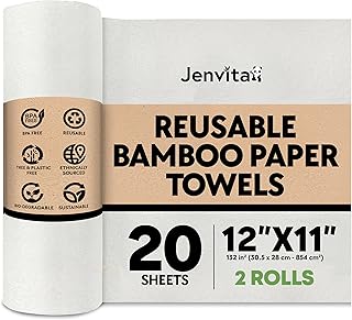 Reusable Bamboo Paper Towels |Heavy Duty, Absorbent & Durable | Reusable Washable Paper Towels | FSC Certified | 100% Rayon Derived From Bamboo | Kitchen Towels | 20 Sheets, 12"x11" | 2 Rolls