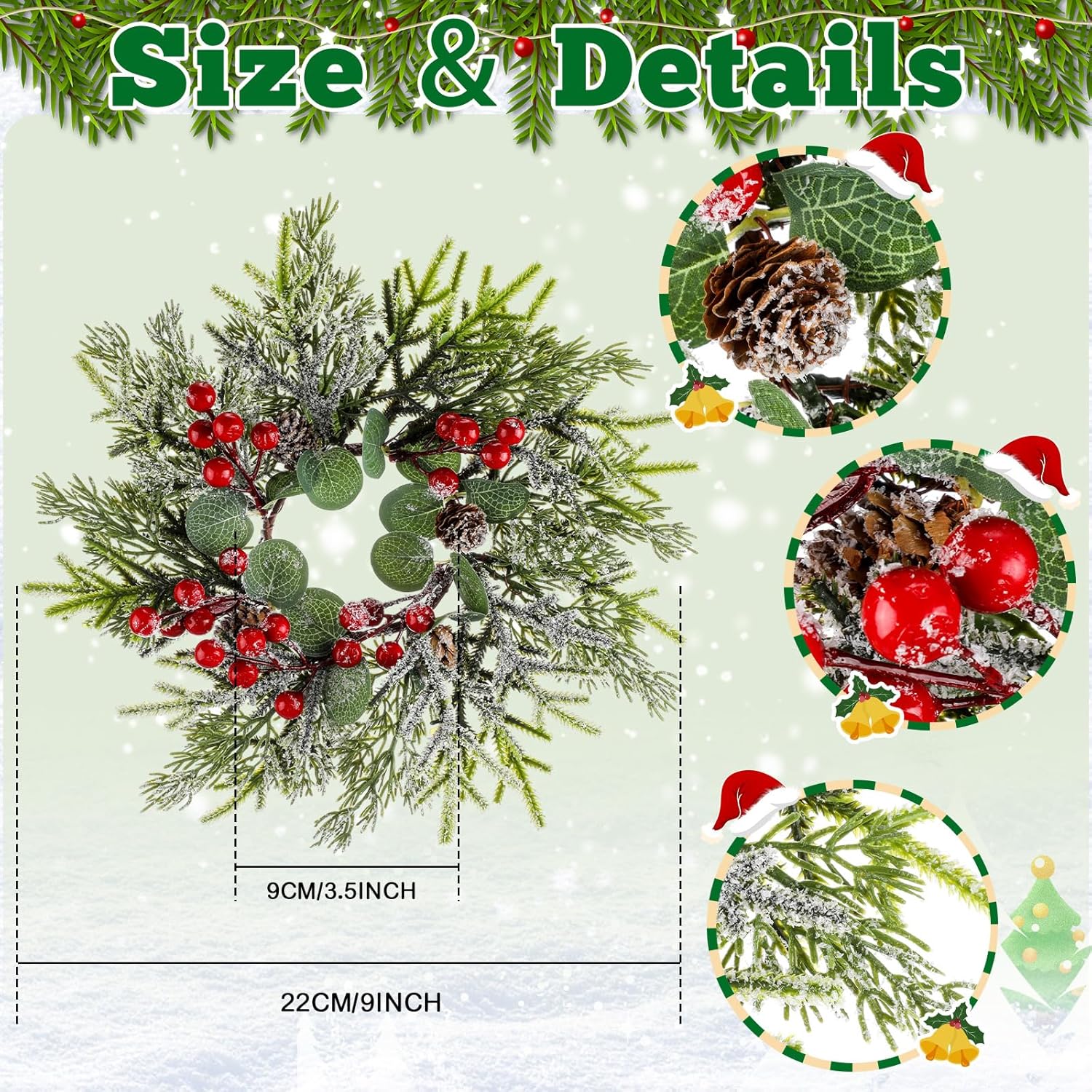 8 Set Christmas Candle Rings Wreath with Candleholders and Candles Norfolk Pine Garland Red Berry Snowy Pine Cones Wreath for Christmas Party Gift Home Table Centerpiece Mantle Front Door