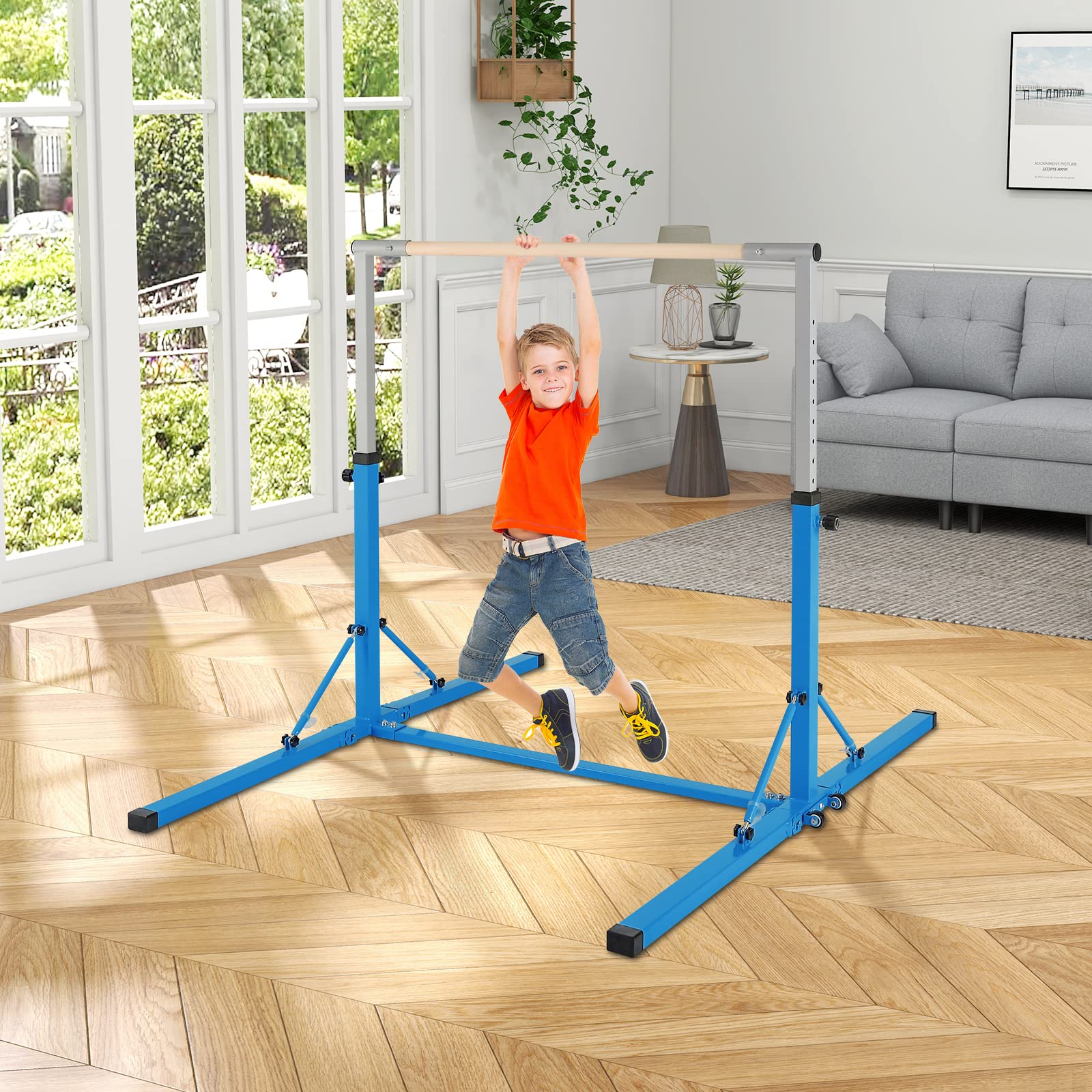 COSTWAY Barra per Ginnastica e Danza per Bambini Pieghevole Portatile, Sbarra Parallela in Metallo e Legno con 13 Altezze Regolabili, Portata 100 kg