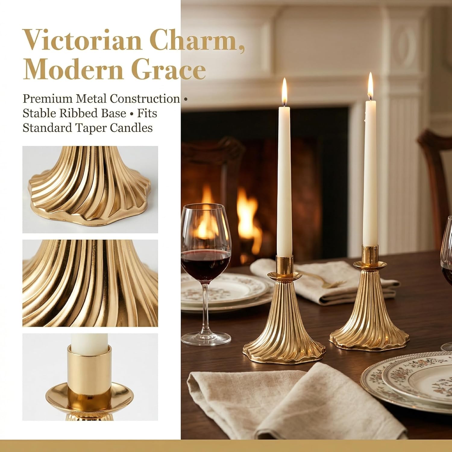 Taper Candle Holders Set of 6 - Victorian Style Gold Vintage Modern Decor, Table Mantel Centerpiece for Wedding Housewarming, Fits Standard Taper Candles