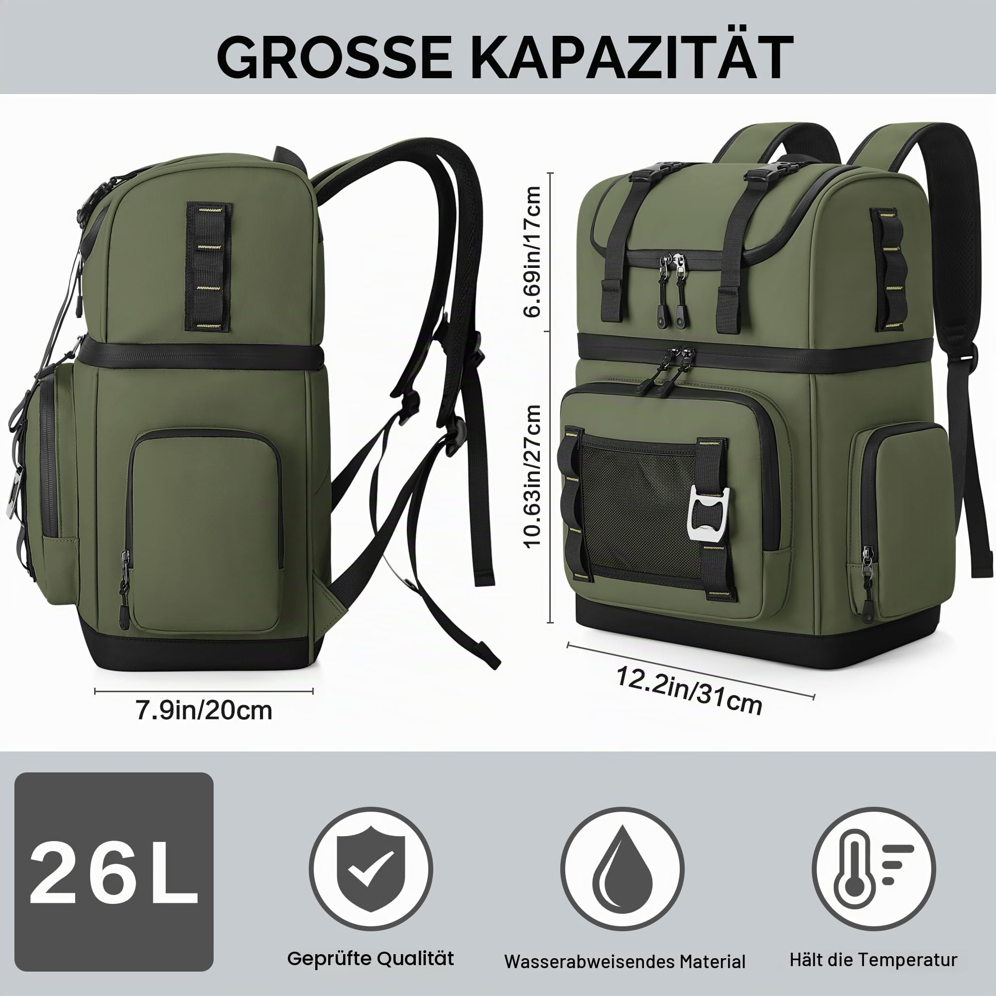 Kühlrucksack Groß Auslaufsicher, 26L Doppellagiger Kühltasche Rucksack Wasserdichter Isolierter Picknickrucksack