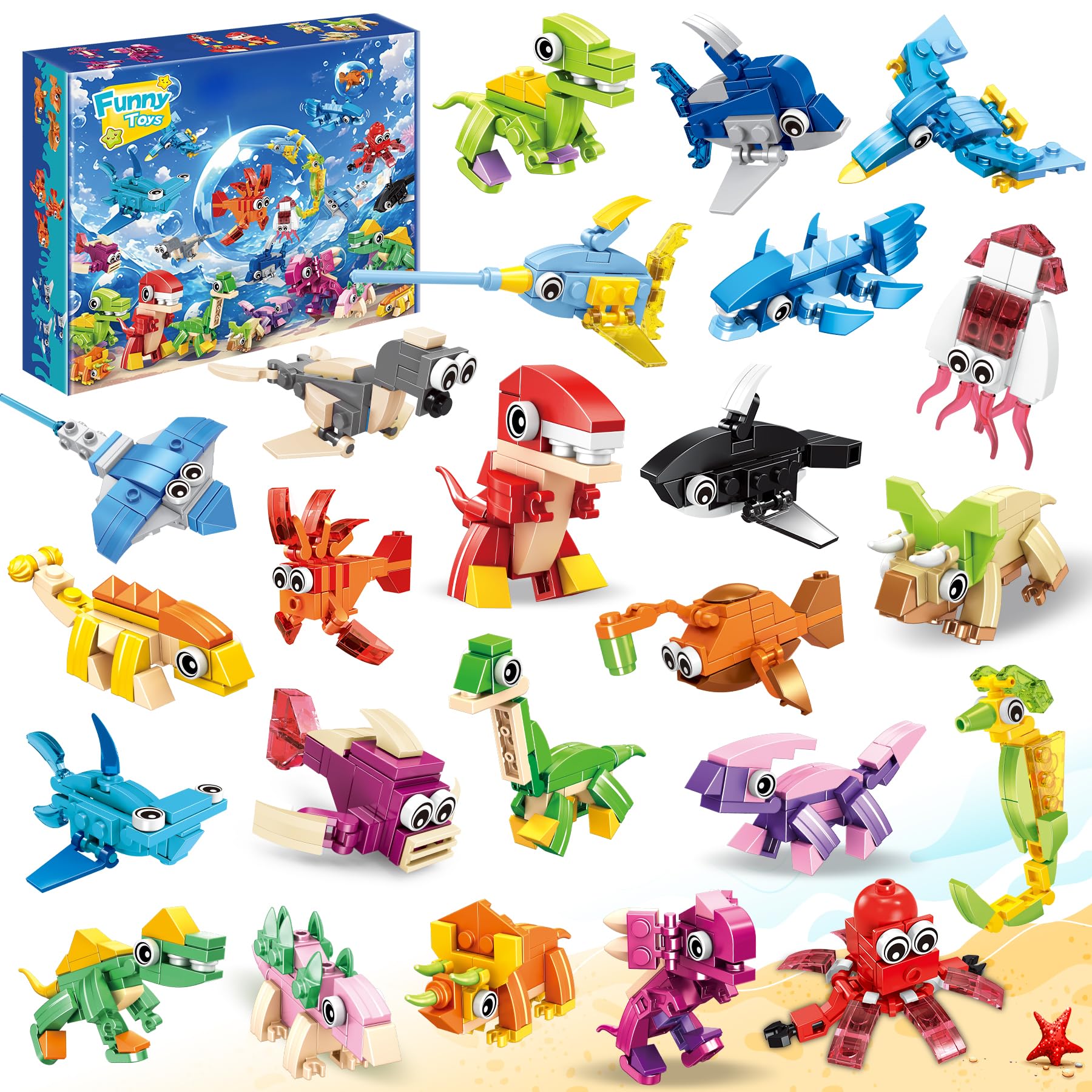 - 24 Party Favors Kids Building Blocks Dinosaur, Sea Animals Pool Party Favors Building Set for Birthday, Classroom Prizes,Goodies Bag Filling, Gift for Boys and Girls Ages 6-12