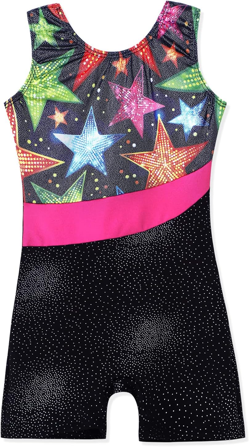 Belovance Leotards for Girls Gymnastics with Shorts Sparkle Butterfly Flowers Pattern Sleeveless Biketards Hotpink Black