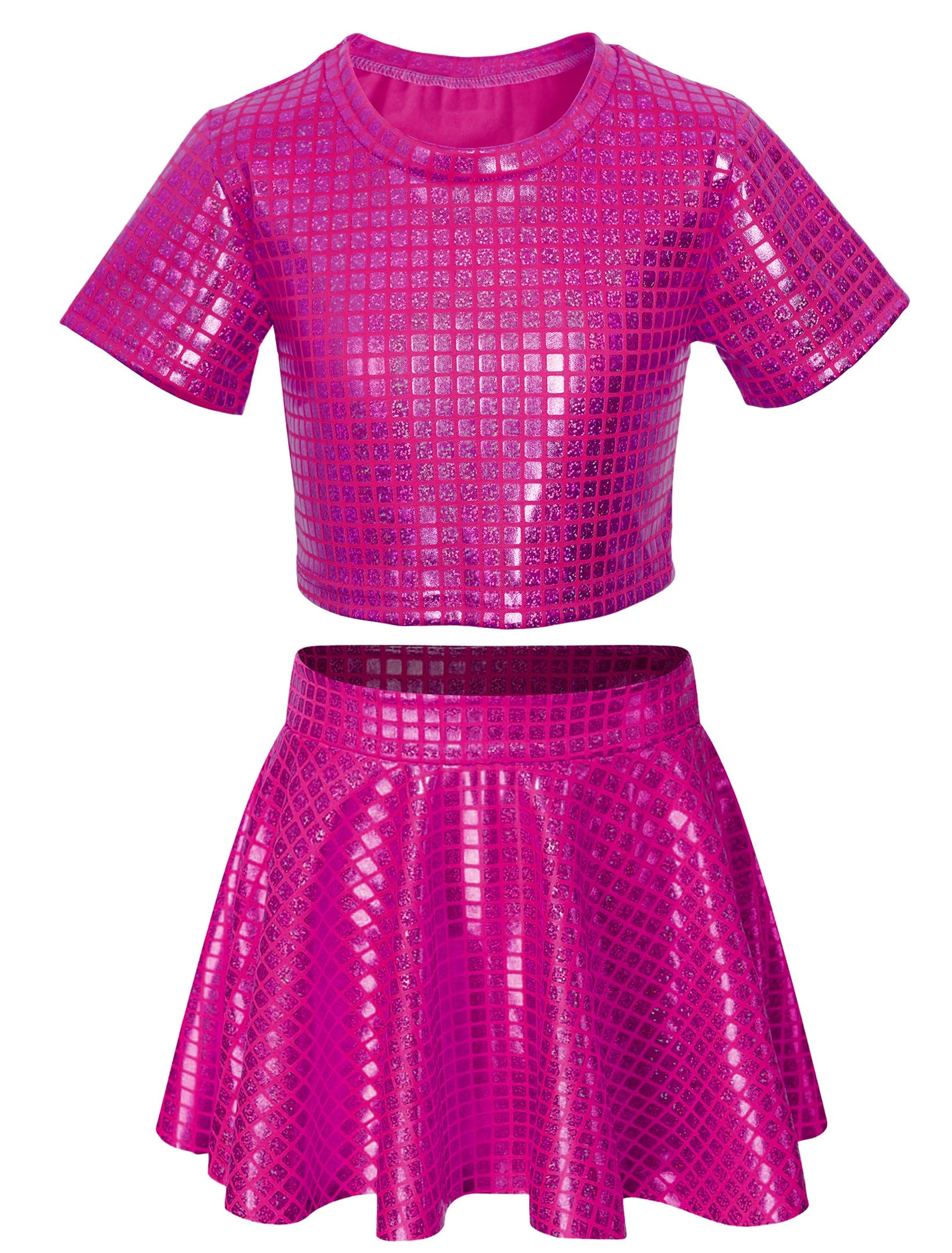 Sequin Top for Girls with Shiny Skirt Disco 0utfit Metallic Dress Performance Kids 3-13T