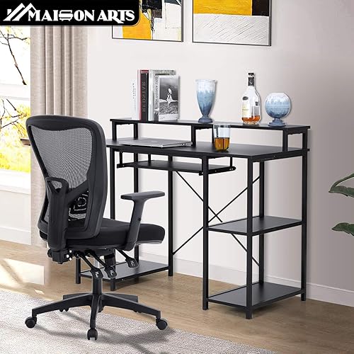 Miniatura 6 de MAISON ARTS Juego de escritorio y silla de oficina para computadora, escritorio de oficina con estantes de almacenamiento, bandeja para teclado,
