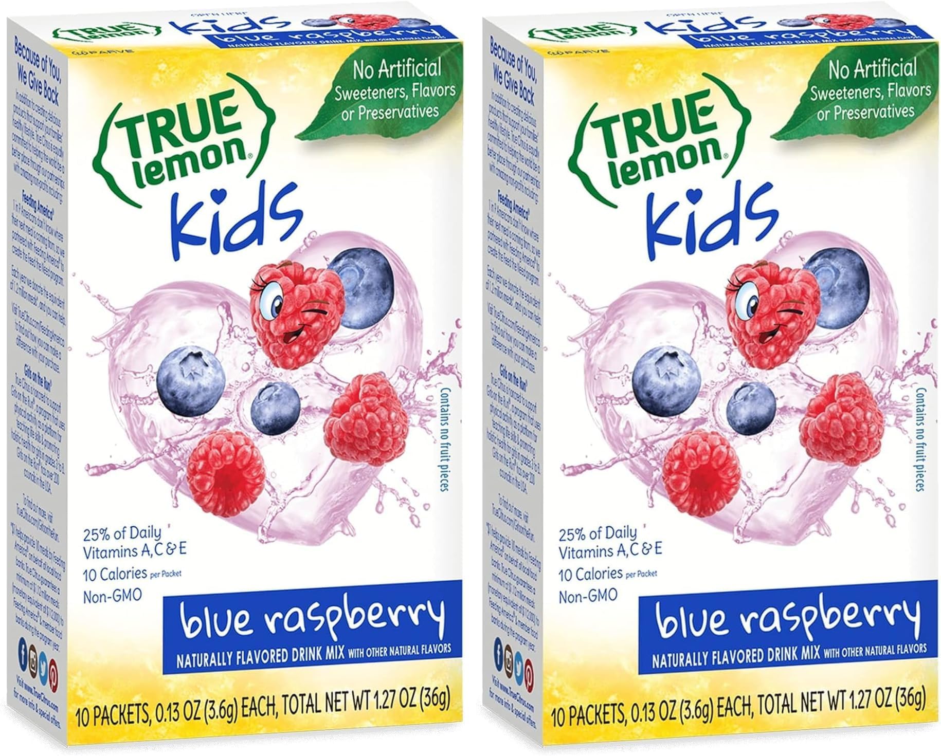 True Lemon Kids Blue Raspberry - Hydration for Kids - No Preservatives, No Artificial Flavors, No Artificial Sweeteners - Low Sugar Water Flavoring - Drink Mix for Kids - Kids Juice Powdered Drink Mix 10 count(pack of 2)