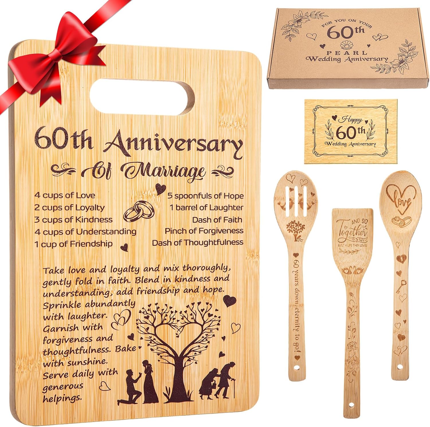 5 Pcs Wedding Kitchen Serving Board Set Anniversary Married Gifts for Women Men Husband Wife Parents Couple Pearl Ruby Golden Diamond Anniversary-recipe for a Happy Marriage(50th)