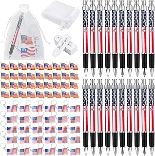 Qilery 250 Pcs Veterans Day Style American Flag Lapel Pins Ballpoint Pen Black Independence Day Flag Keychains Thank You Card Organza Gift Bag for Home Office School 4th of July Party Supplies