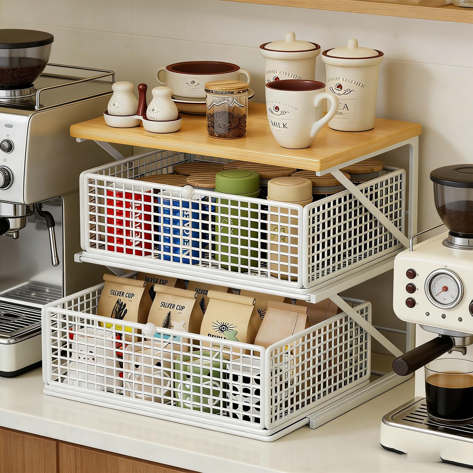 Metall Küchenorganizer Arbeitsplatte, Ausziehbare Schubladen, Multifunktionaler Tisch-Aufbewahrungsregal für Snacks, Teebeutel, Kaffeemaschine, Platzsparender Organizer (Weiß+Naturholzfarbe)