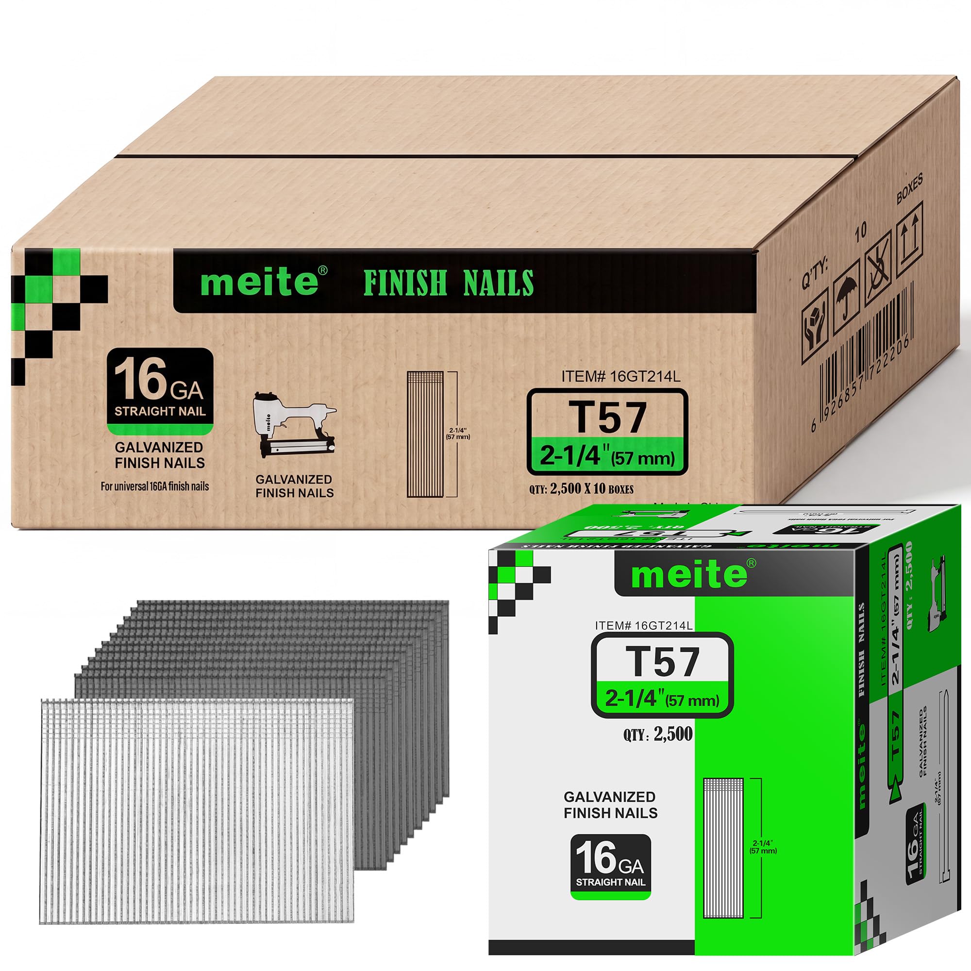 meite 16 Gauge Finish Nails 2-1/4 Inch Galvanized Straight T-Nail 25,000PCS