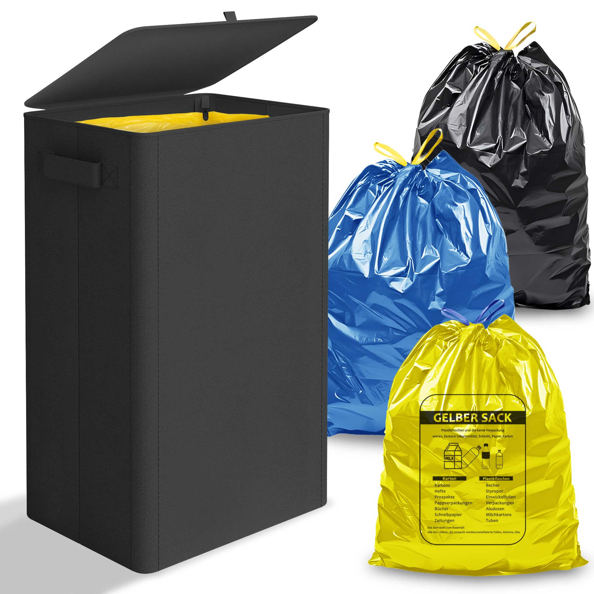 iEGrow Gelber Sack Ständer Mülleimer 100L, Mülleimer mit Deckel, Müllsackständer für Gelbe Säcke, Reißverschlussdesign zum einfachen Entfernen, Behälter für Küche & Haushal [Ohne Müllsäcke]