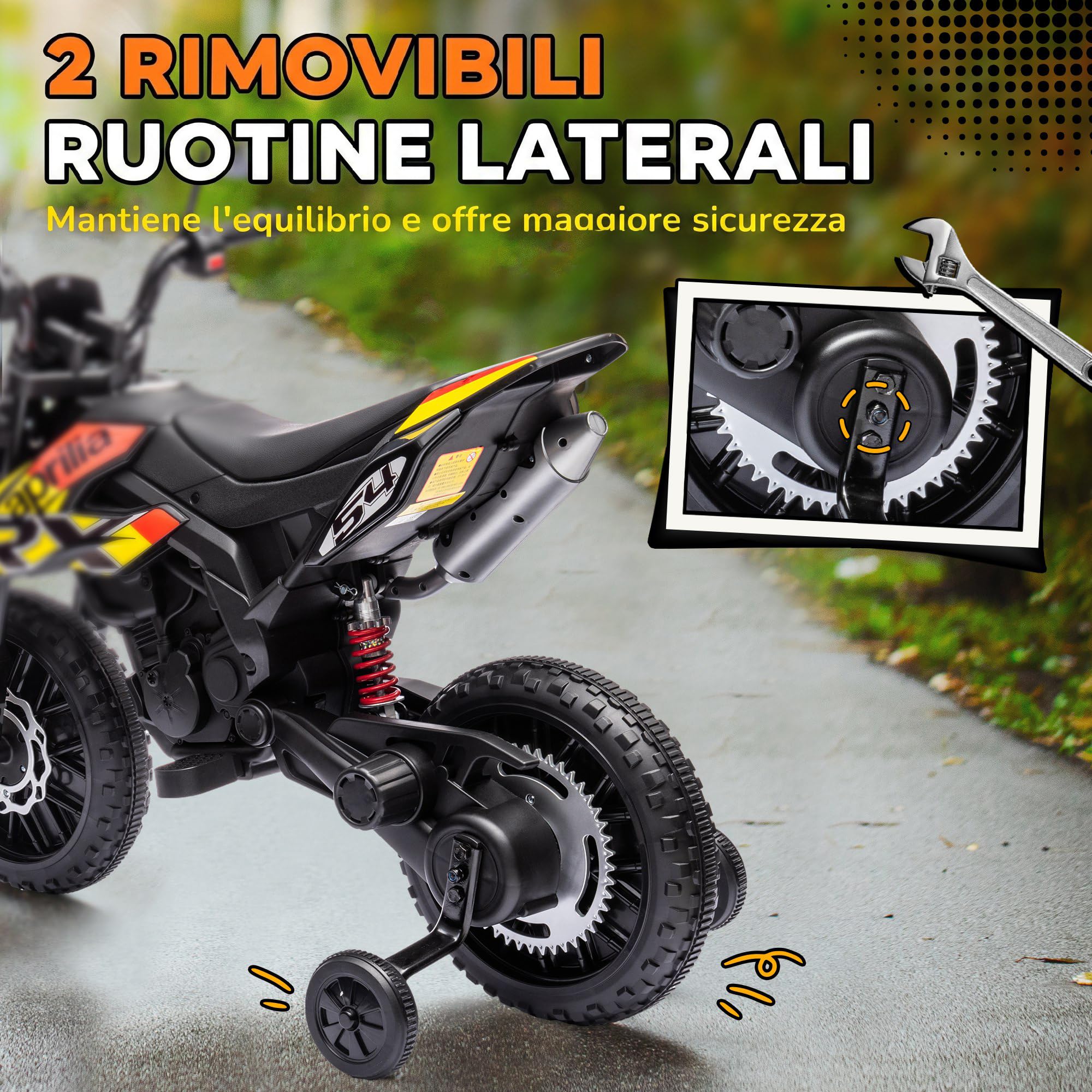 AIYAPLAY 12V APRILIA Moto Elettrica per Bambini 37-96 Mesi, Giallo | Doppi Motori, Motorino Elettrico, Rotelle di Supporto Rimovibili, Fari, Porta USB e Musiche, 6 km/h, Capacità 30kg
