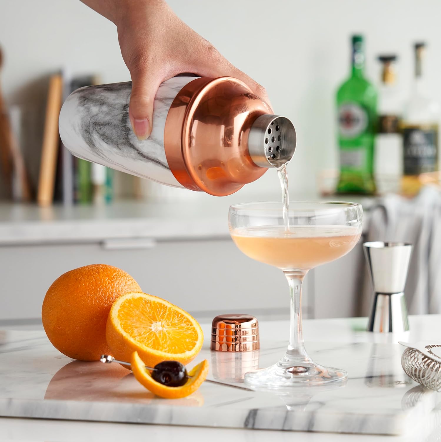 True Copper Marble Cocktail Shaker - Drink Shaker for Margarita, Mojito, Martini, Old Fashion and Bar Cocktails - 18 Oz Stainless Steel Cobbler Shaker with Lid & Strainer