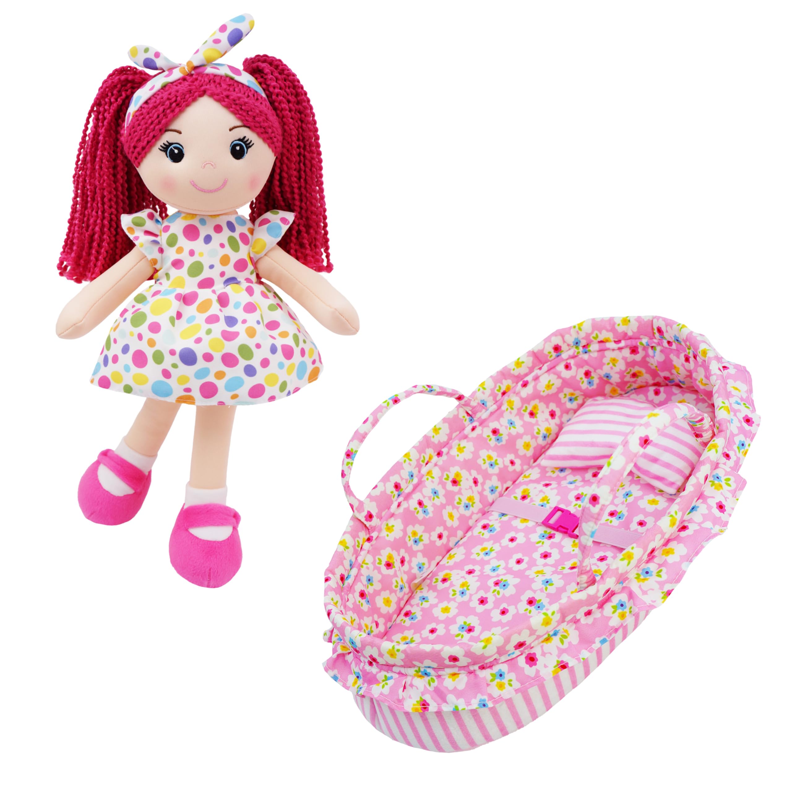 June Garden 2 Pcs Soft Doll Playset Bundle - Includes 14“ Snuggle Cuties Sophie and Cozy Dream Pink Doll Bassinet