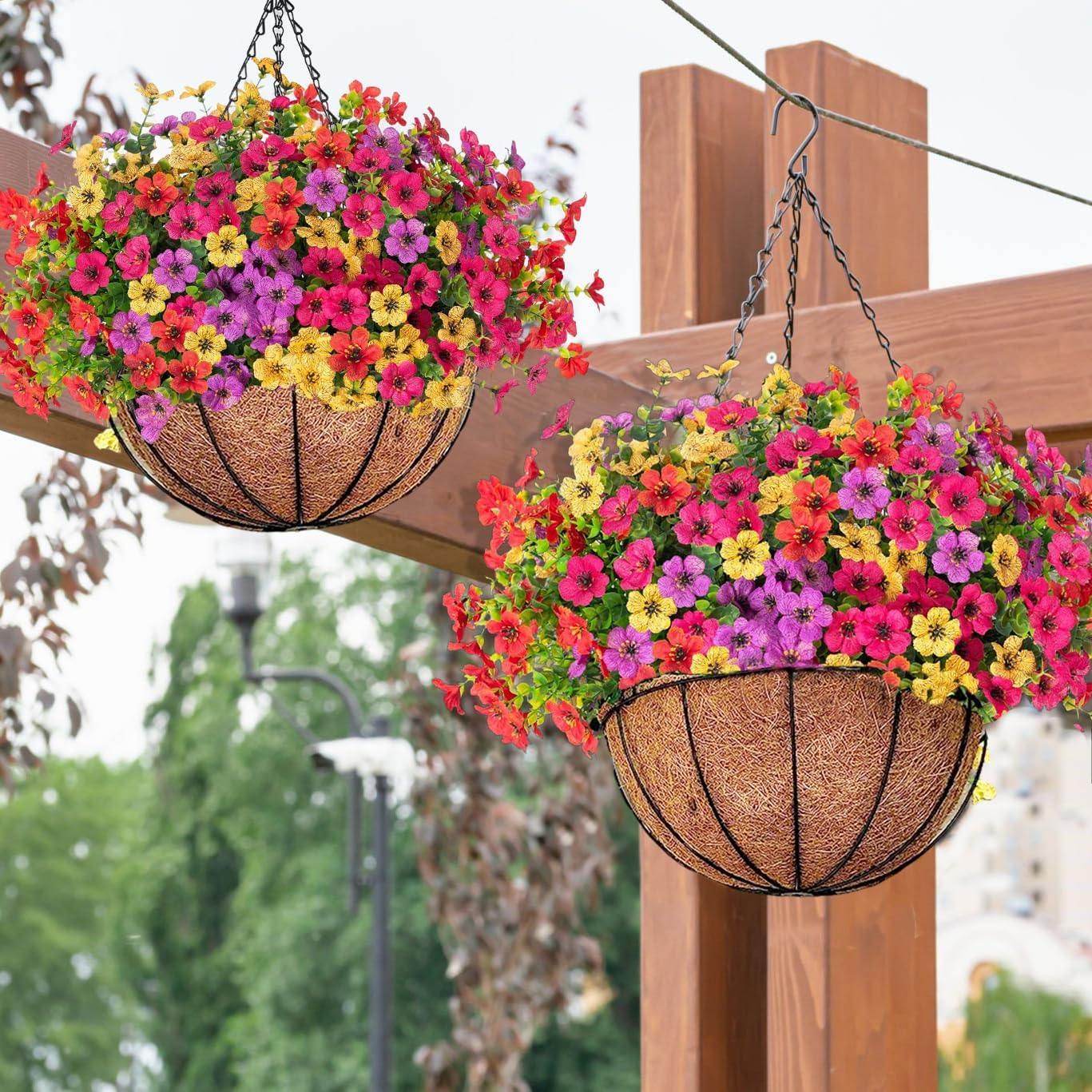 Orgrimmar 2 Pack Artificial Hanging Flowers Basket Outdoor Fake Hanging Plants UV Resistant Realistic Silk Flowers Eucalyptus in Coconut Lining Baskets for Home Porch Balcony Patio Yard Muti-Color