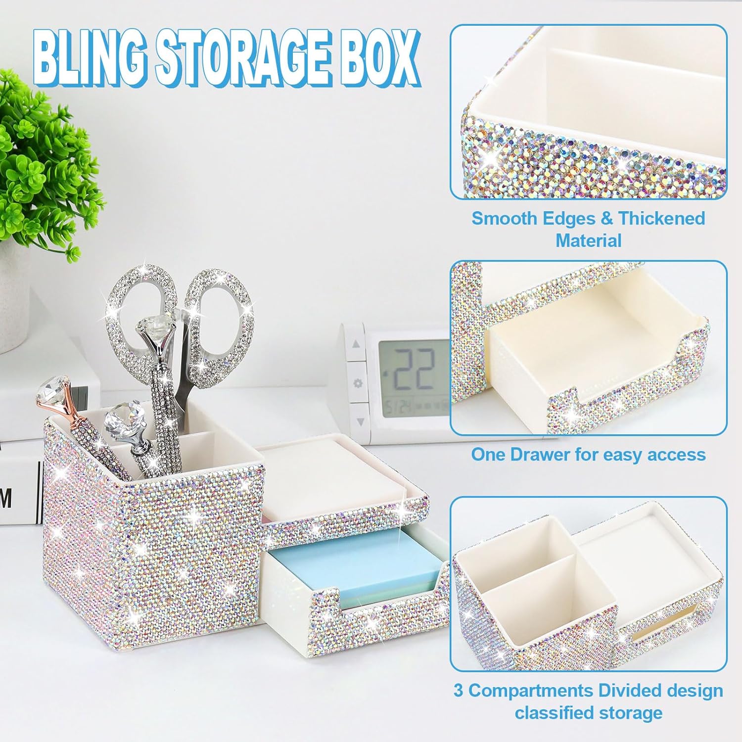 MultiBey Rhinestone Bling Desk Organizer with Drawer, Silver Glitter Storage Set with 3x3in 4 Pack Sticky Notes & Index Tabs with Ruler, Aesthetic Office School Supplies for Women Students Planners