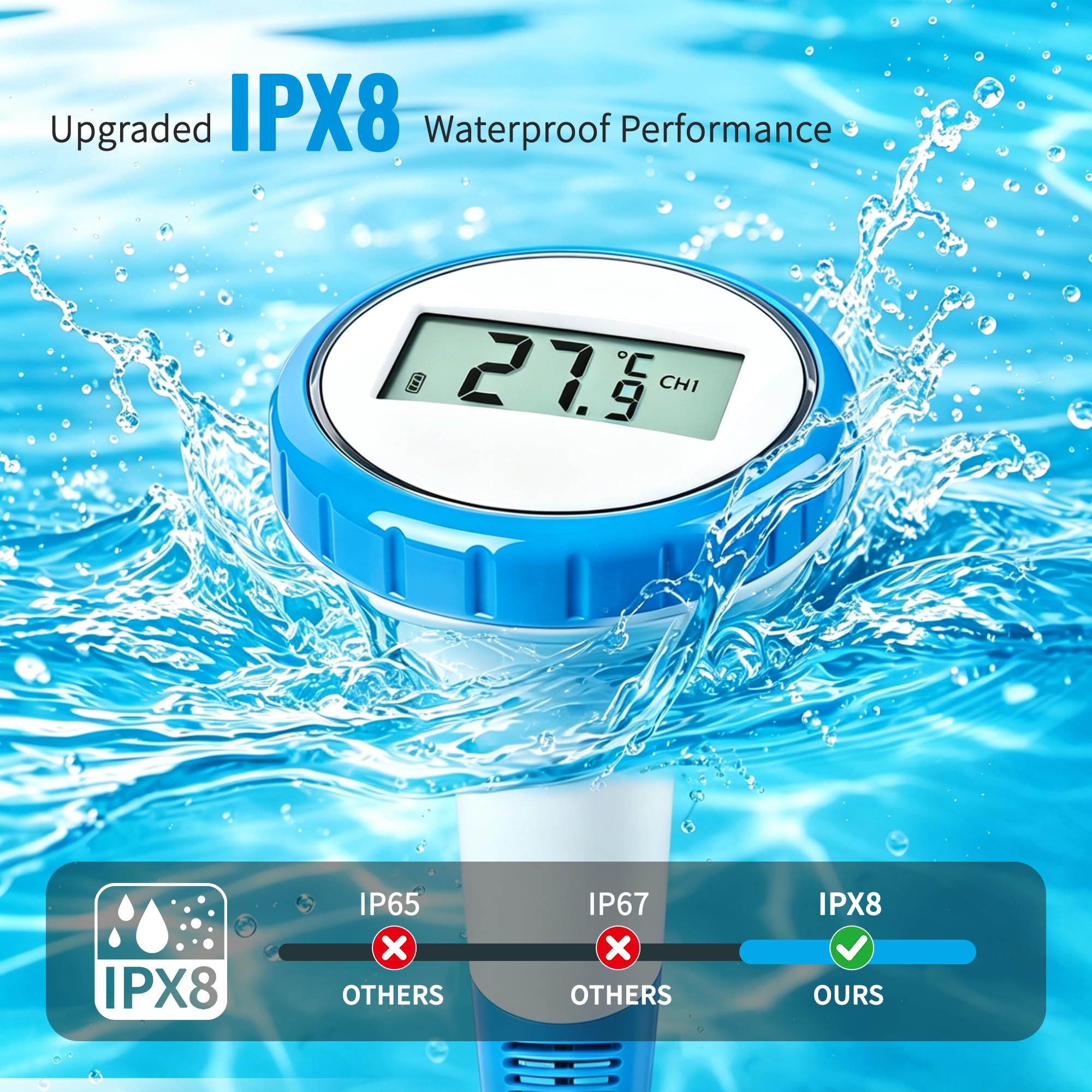 Thermomètre numérique sans fil pour piscine, thermomètre flottant, étanche IPX8, thermomètre à 3 canaux pour piscines, baignoires, aquariums, jacuzzis et spas, utilisable en intérieur et en extérieur