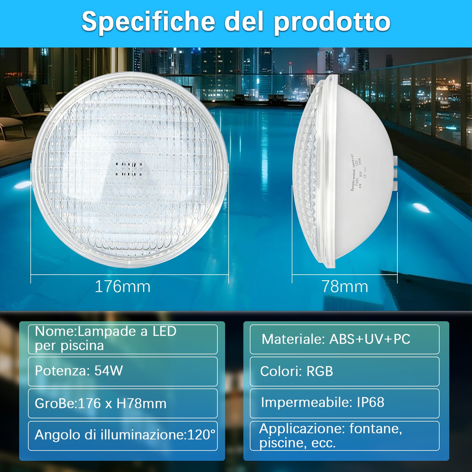 Illuminazione LED per piscina RGB, 54W, PAR56, luce subacquea, lampada da bagno, sincronizzazione esterna con telecomando, 12 V AC, IP68 impermeabile