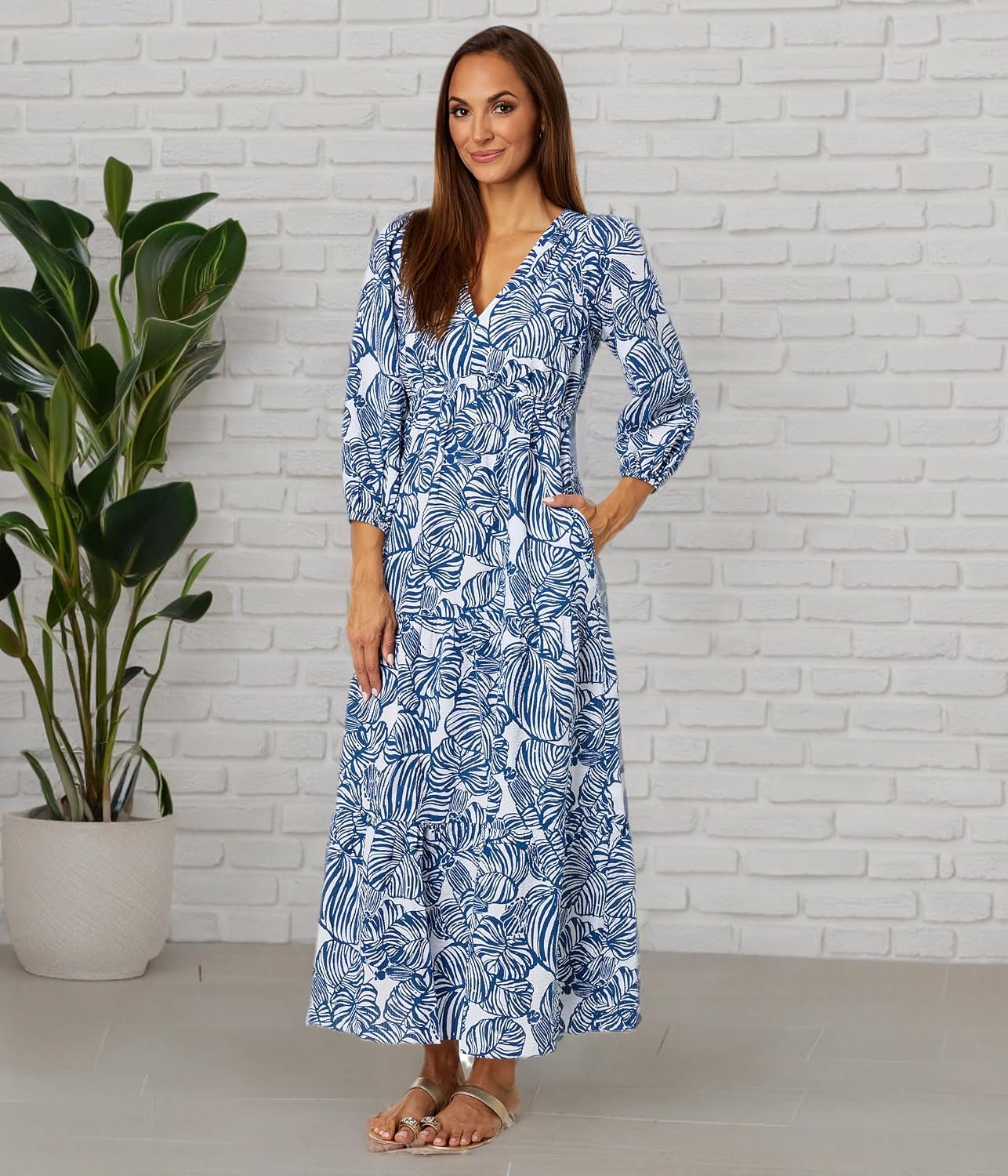 knee length dresses for ladies DEACON 3/4 SLEEVE V-NECK DRESS, MULTI FLITTING ABOUT  Palm Place