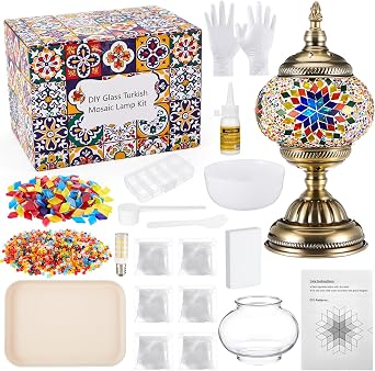 Baquler Turkish Mosaic Lamp Kit DIY Stained Glass Decorative Table Bedside Night Light Tabletop Bohemian Morrocan Lamp Crfat Kit for Living Room Decorations, Make Your OwnMulticolor