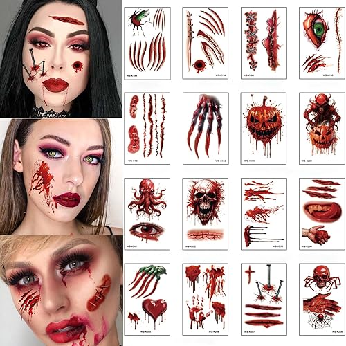 Miniatura 8 de Tatuajes temporales de Halloween  Calcomanías de boca de terror, tatuajes falsos de boca sangrienta de payaso  10 hojas de calcomanías de maquillaje